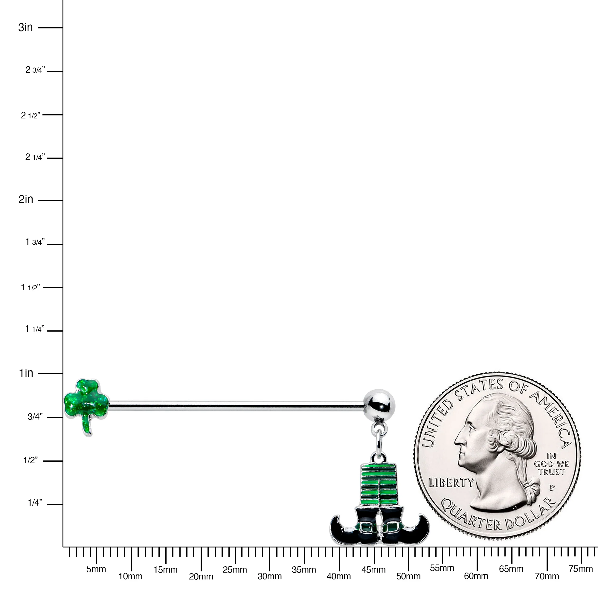 14G Leprechaun Legs Shamrock Dangle Industrial Barbell 38mm - Image 3