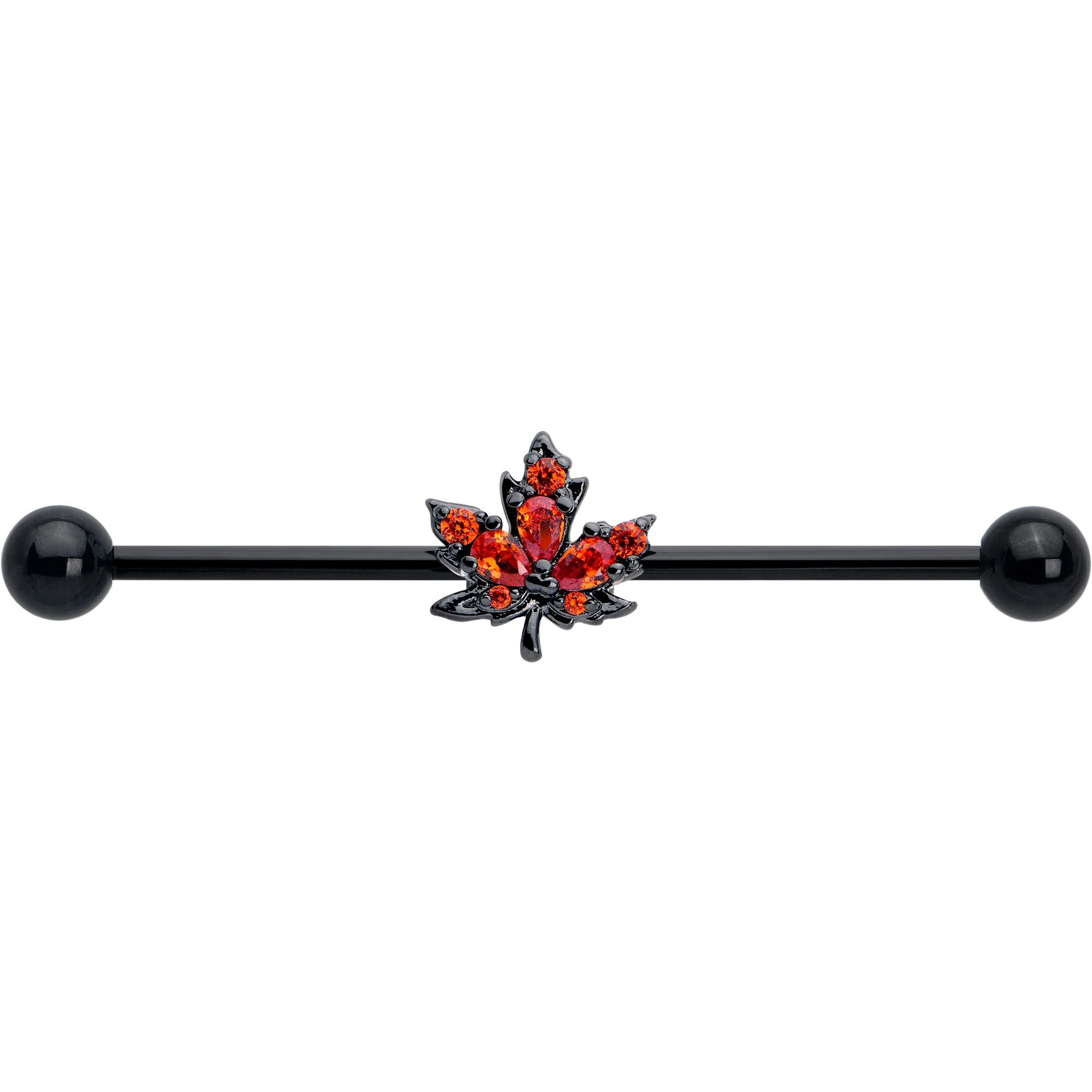 14G Orange CZ Gem Black Autumn Leaf Industrial Barbell 38mm - Image 3