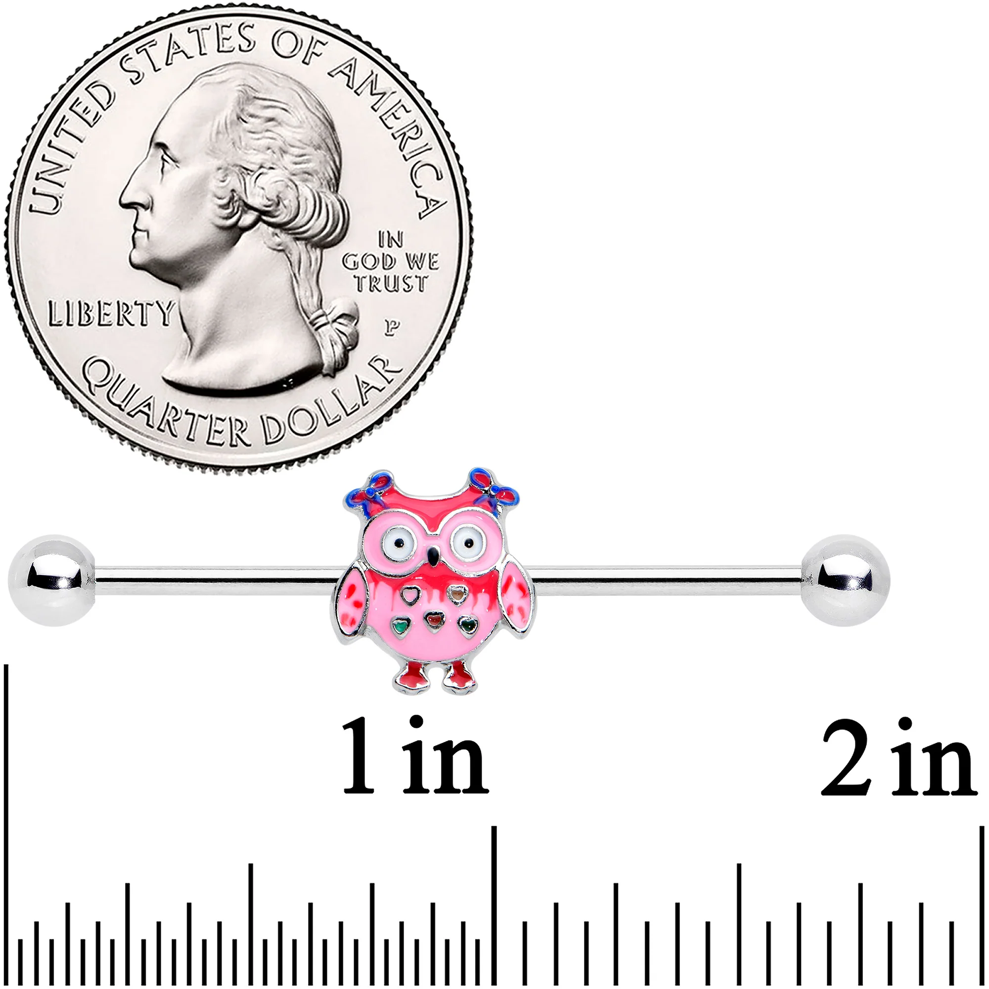 14G Owl Pink Bows Hearts Industrial Barbell 38mm - Image 2