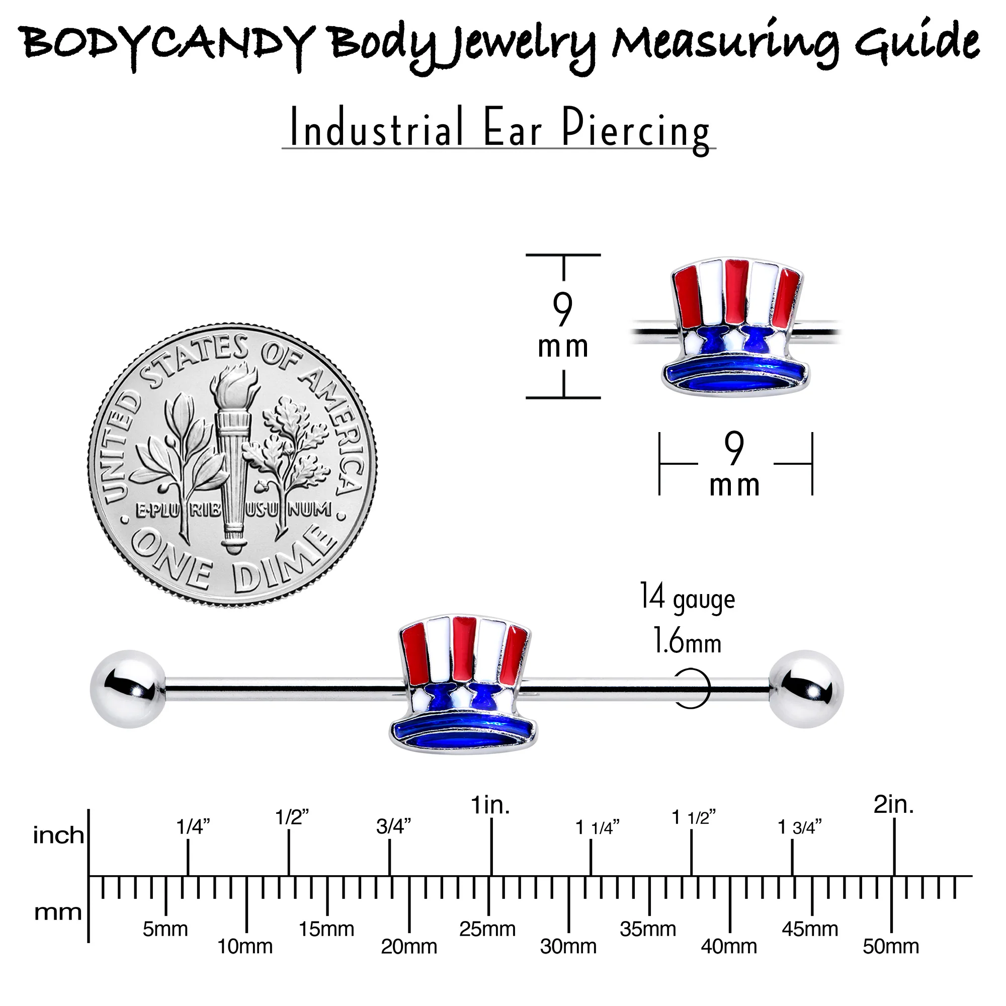 14G Patriotic Uncle Sam Top Hat Industrial Barbell 38mm - Image 4