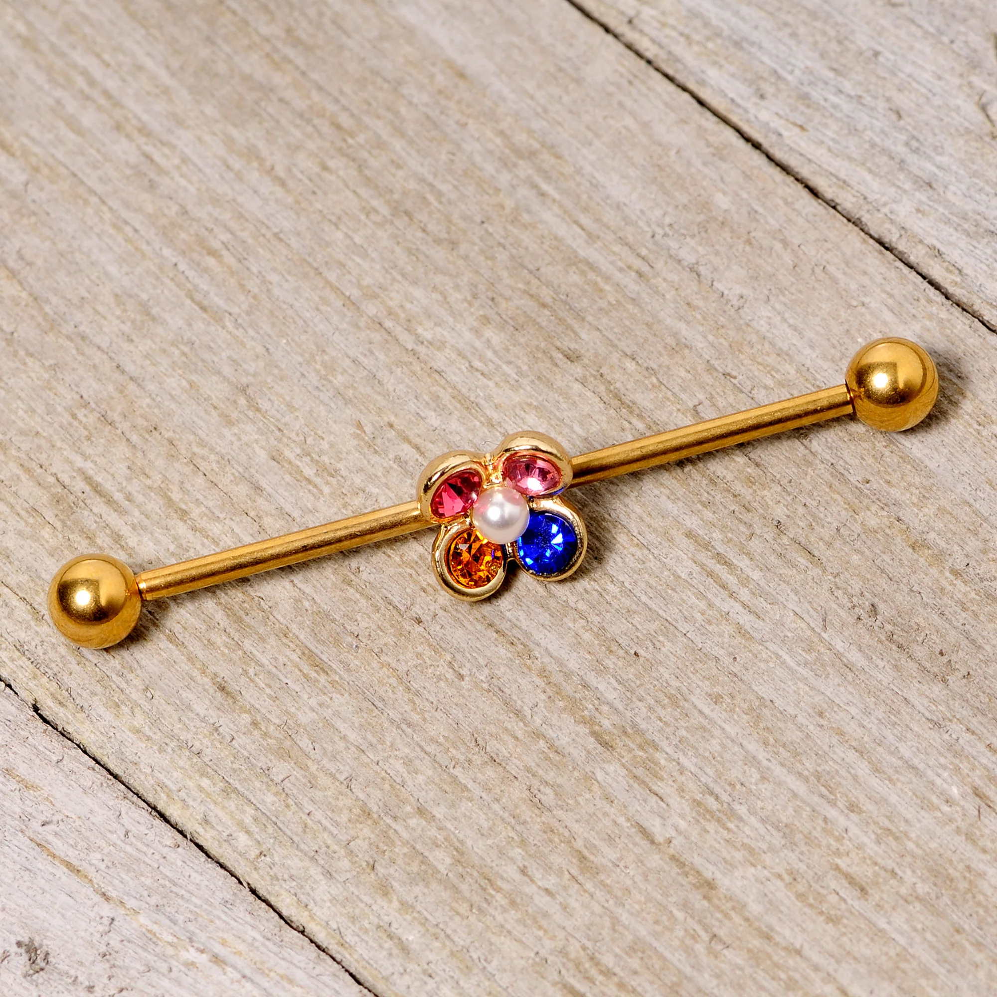14G Pink Blue Yellow Gem Gold Tone Flower Industrial Barbell 38mm - Image 3