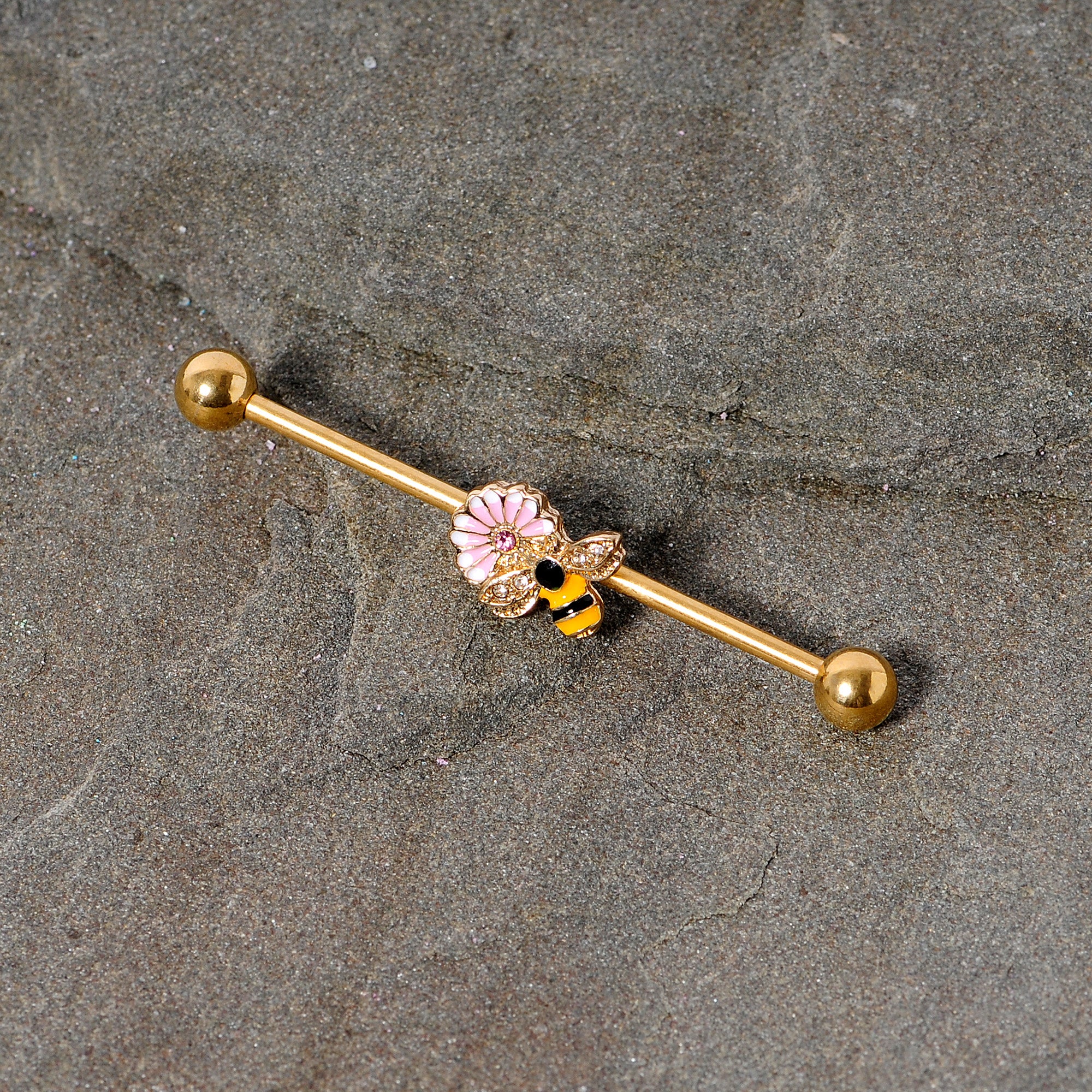 14G Pink Clear Gem Gold Tone Bee Blossom Industrial Barbell 38mm - Image 4