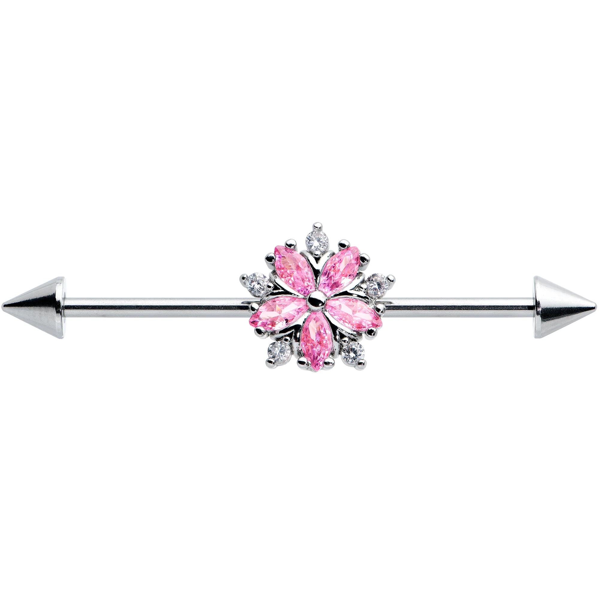 14G Pink CZ Gem Floral Baroque Burst Cone Industrial Barbell 38mm - Image 2