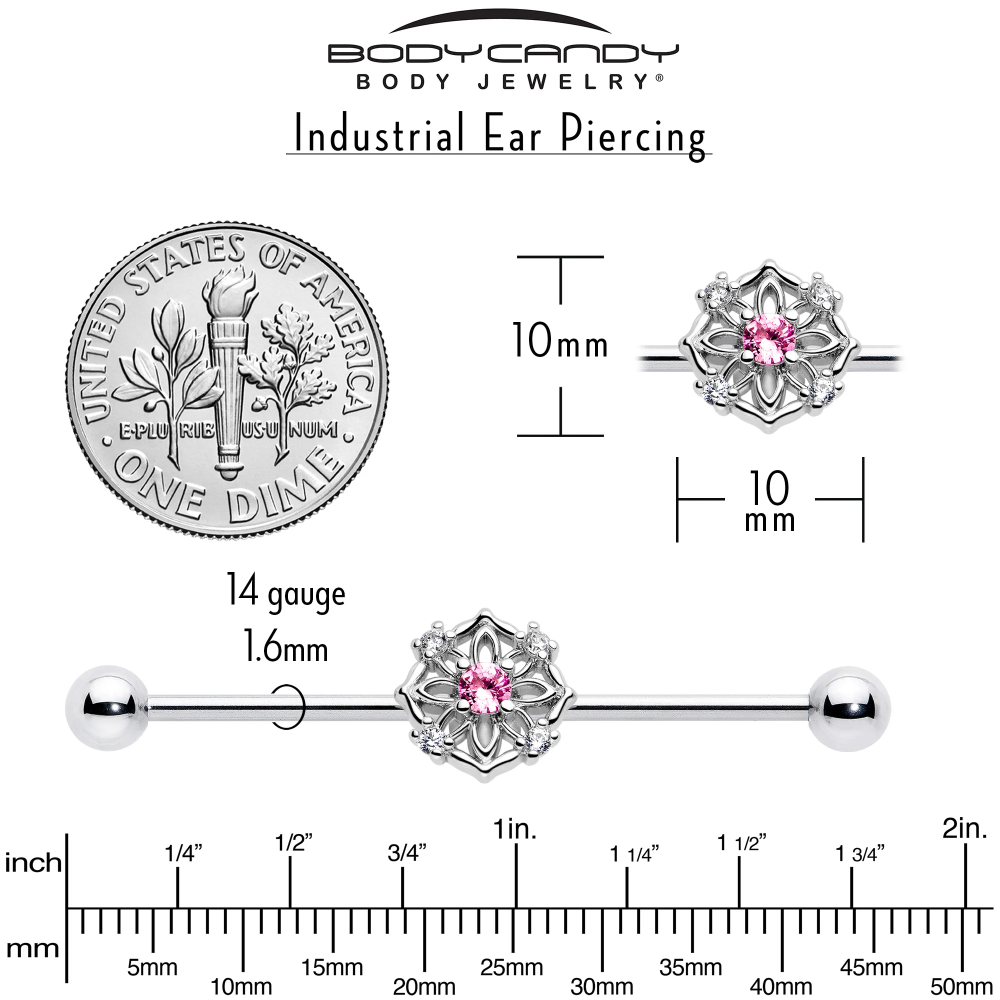 14G Pink CZ Gem Flower Circle Industrial Barbell 38mm - Image 5