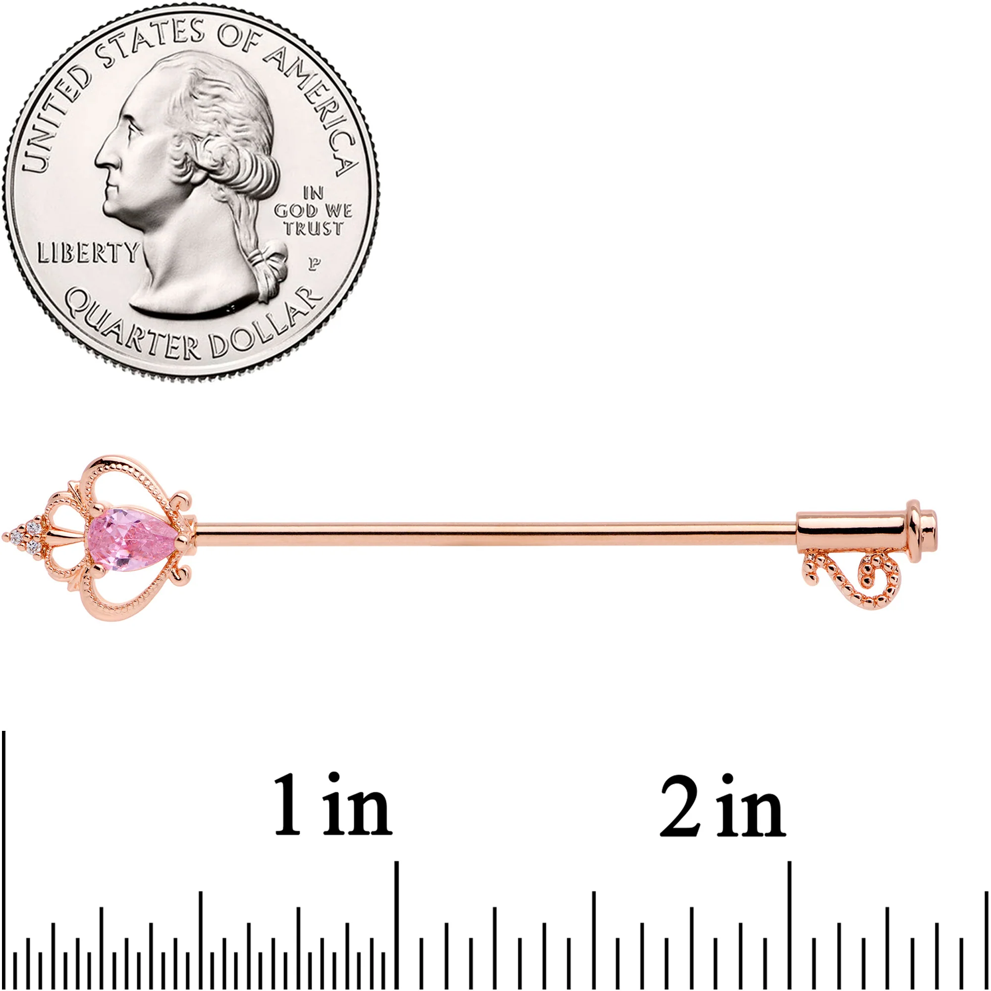 14G Pink CZ Gem Rose Gold Tone Princess Key Industrial Barbell 38mm - Image 3