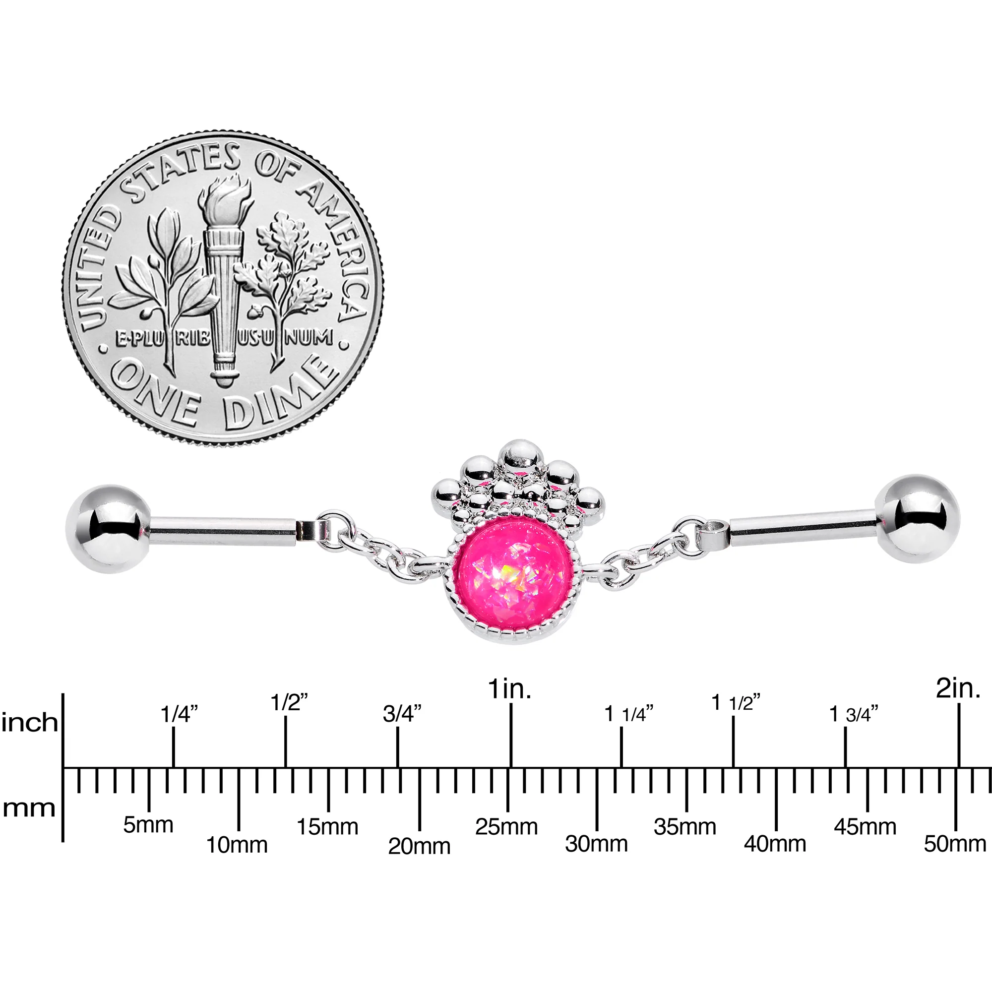 14G Pink Faux Opal Crest Chain Dangle Industrial Barbell 38mm - Image 2