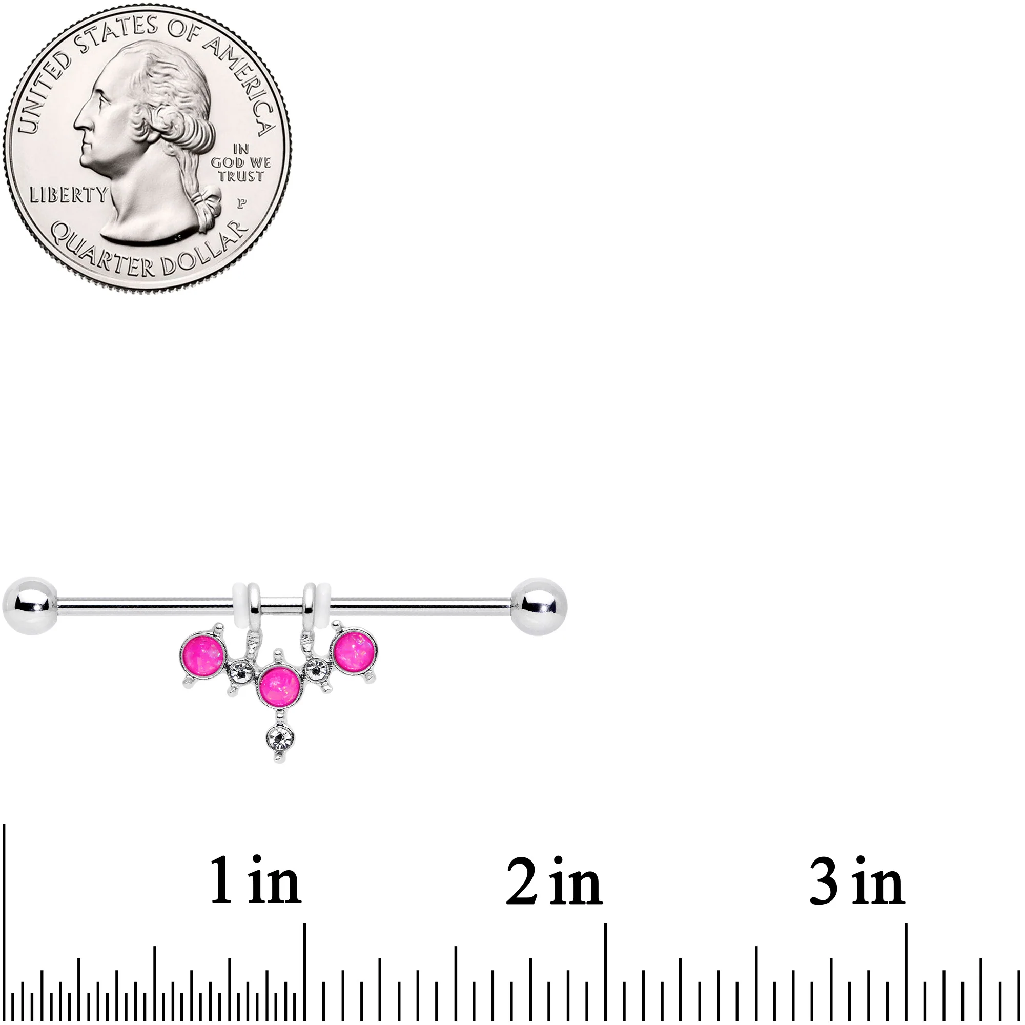 14G Pink Faux Opal Triad Dangle Industrial Barbell 38mm - Image 2