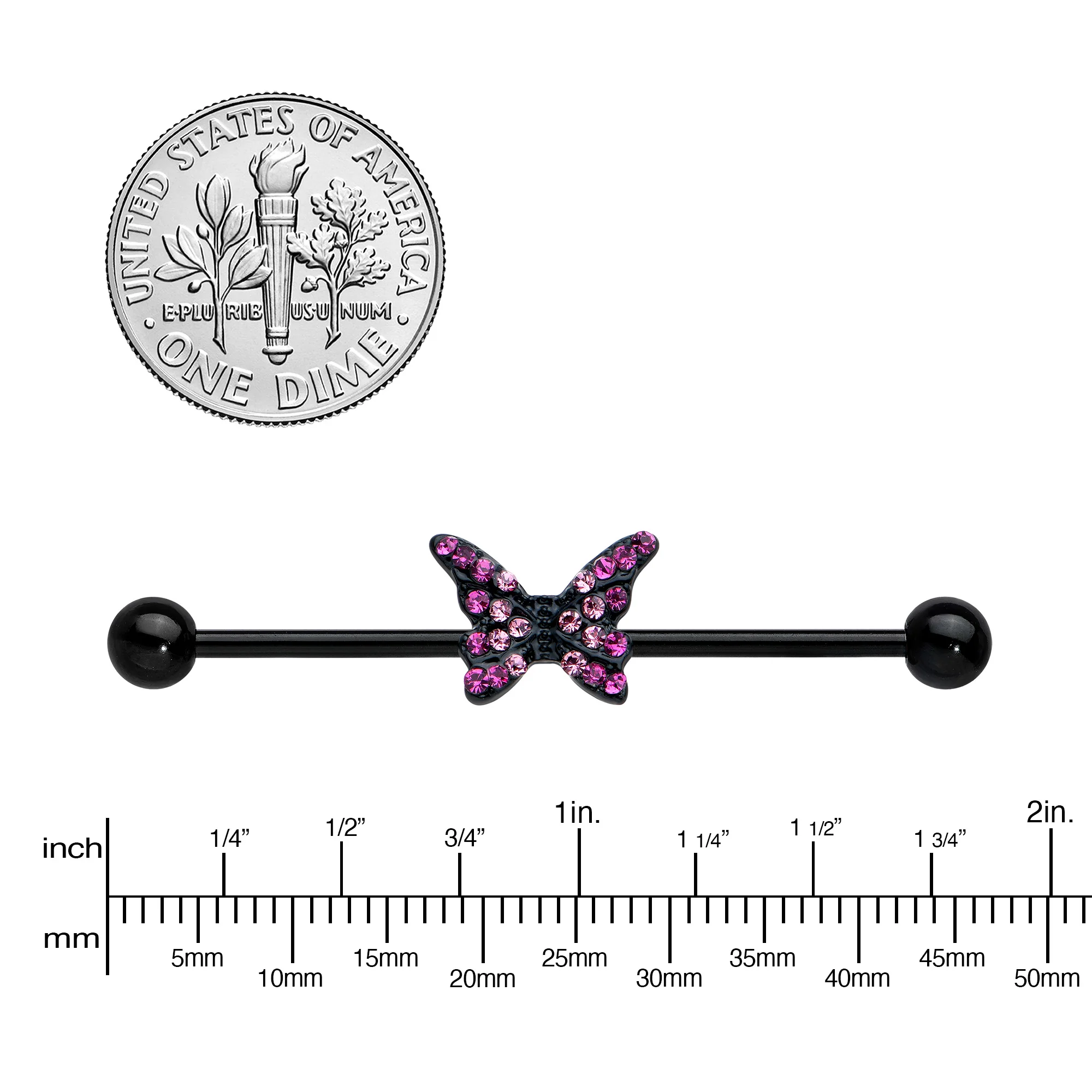 14G Pink Gem Black Midnight Butterfly Industrial Barbell 38mm - Image 3