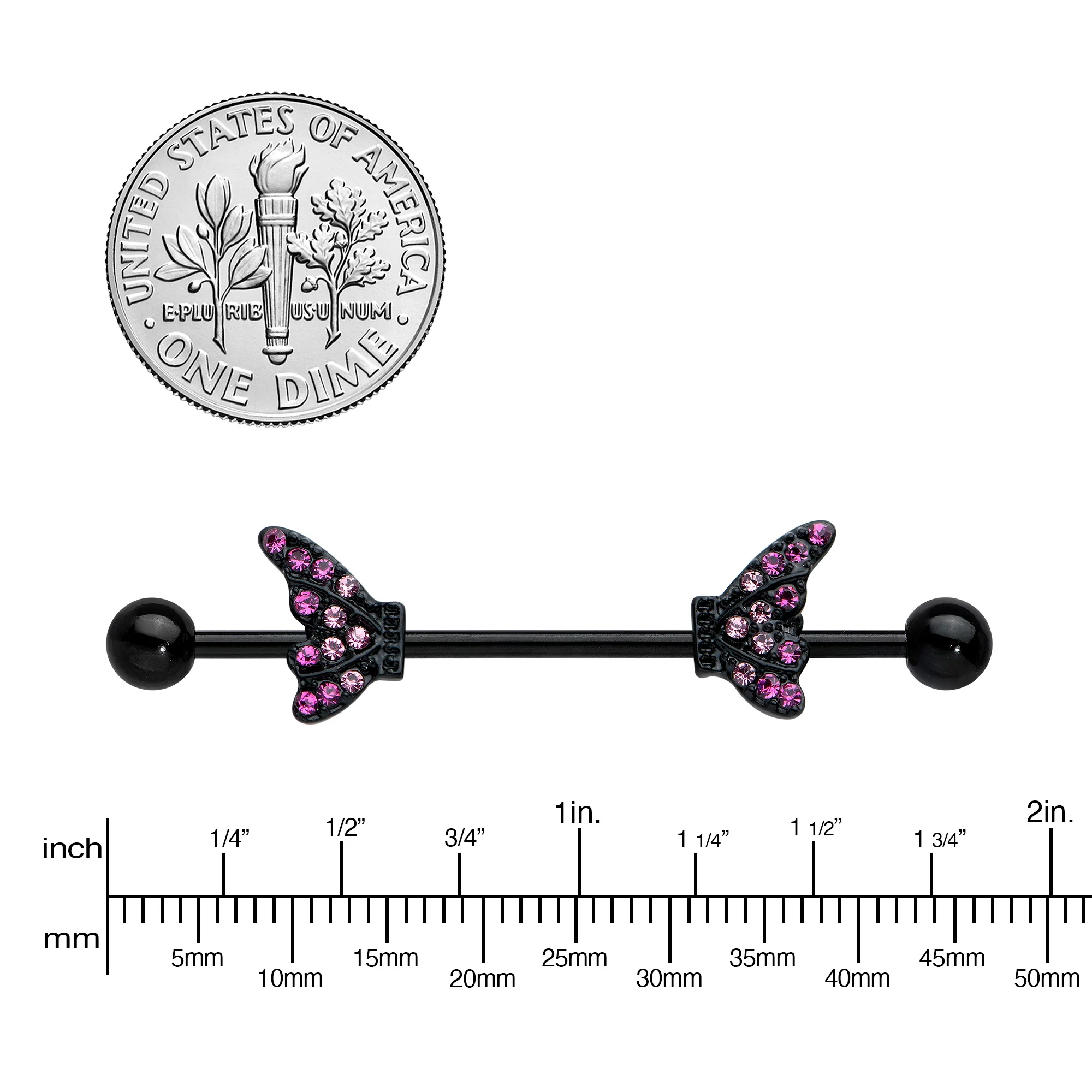 14G Pink Gem Black Moveable Wing Butterfly Industrial Barbell 38mm - Image 3