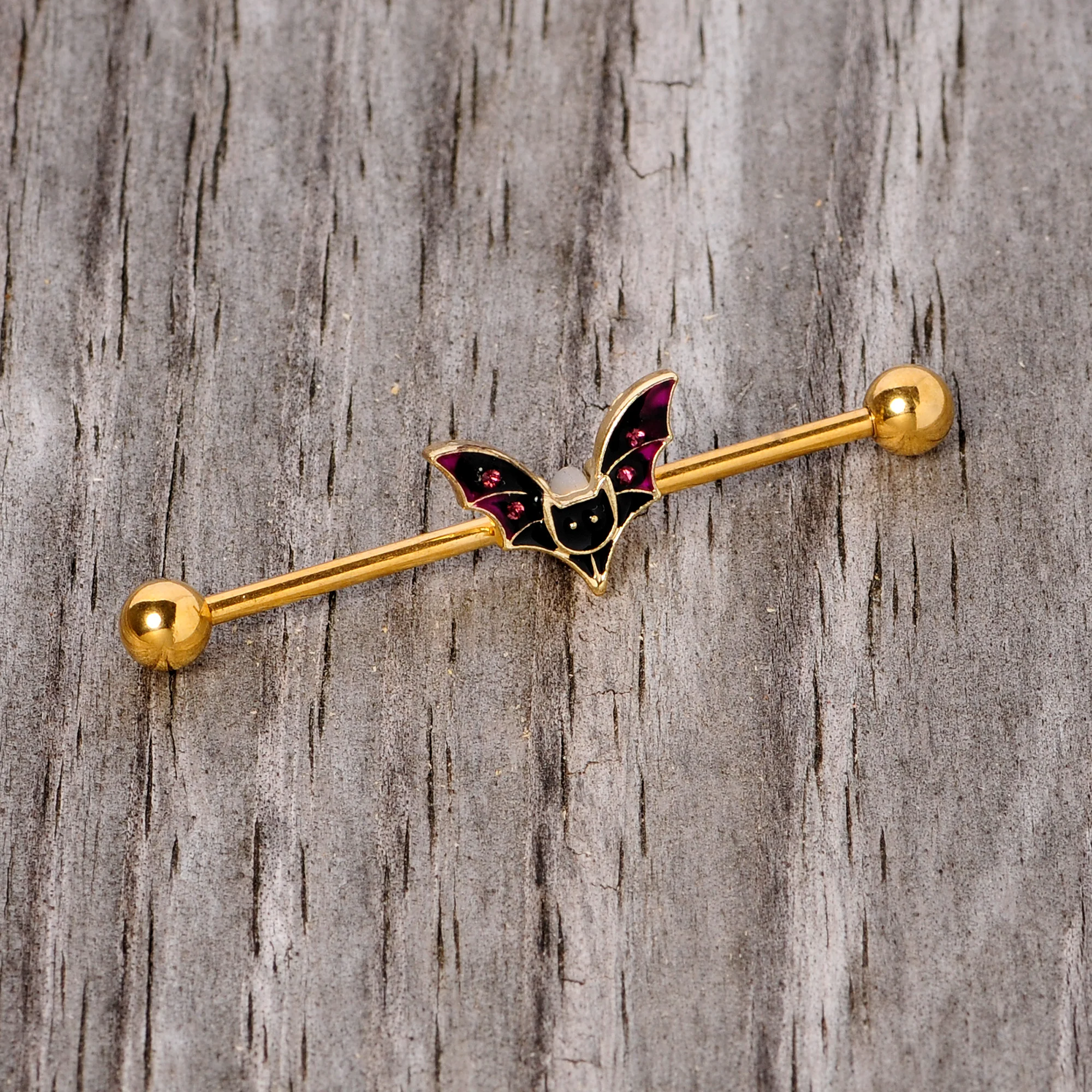 14G Pink Gem Gold Tone Vamp Bat Halloween Industrial Barbell 38mm - Image 4