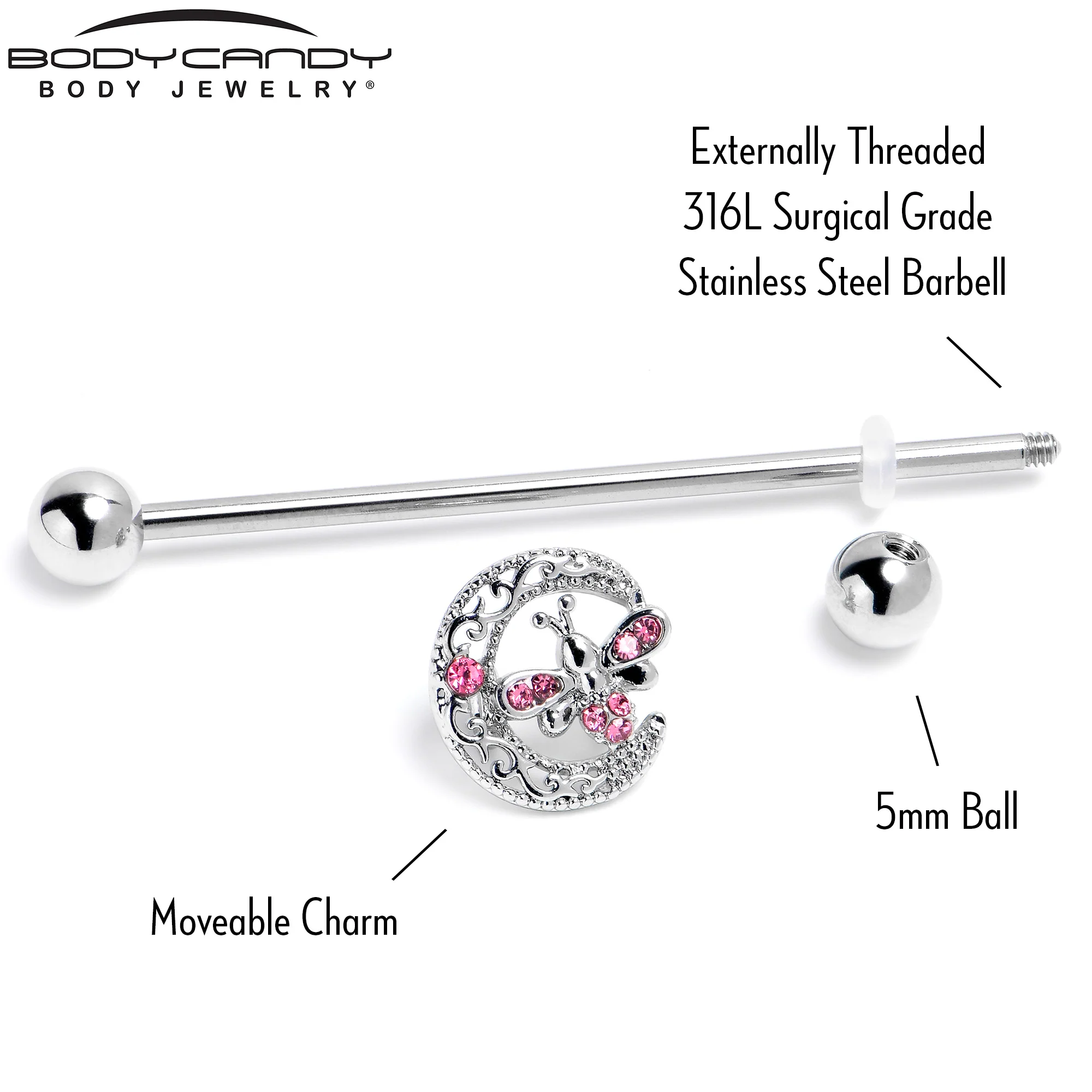 14G Pink Gem Lunar Dragonfly Industrial Barbell 38mm - Image 5