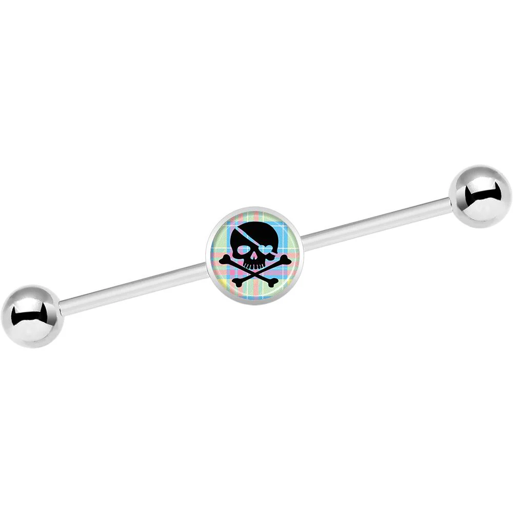 14G Pink Green Plaid Heart Skull Industrial Barbell 37mm - Image 2