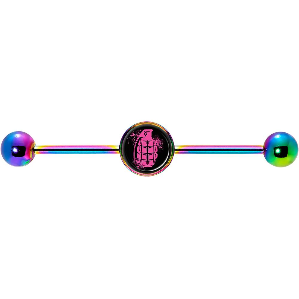 14G Pink Grenade Rainbow Industrial Barbell 37mm - Image 4