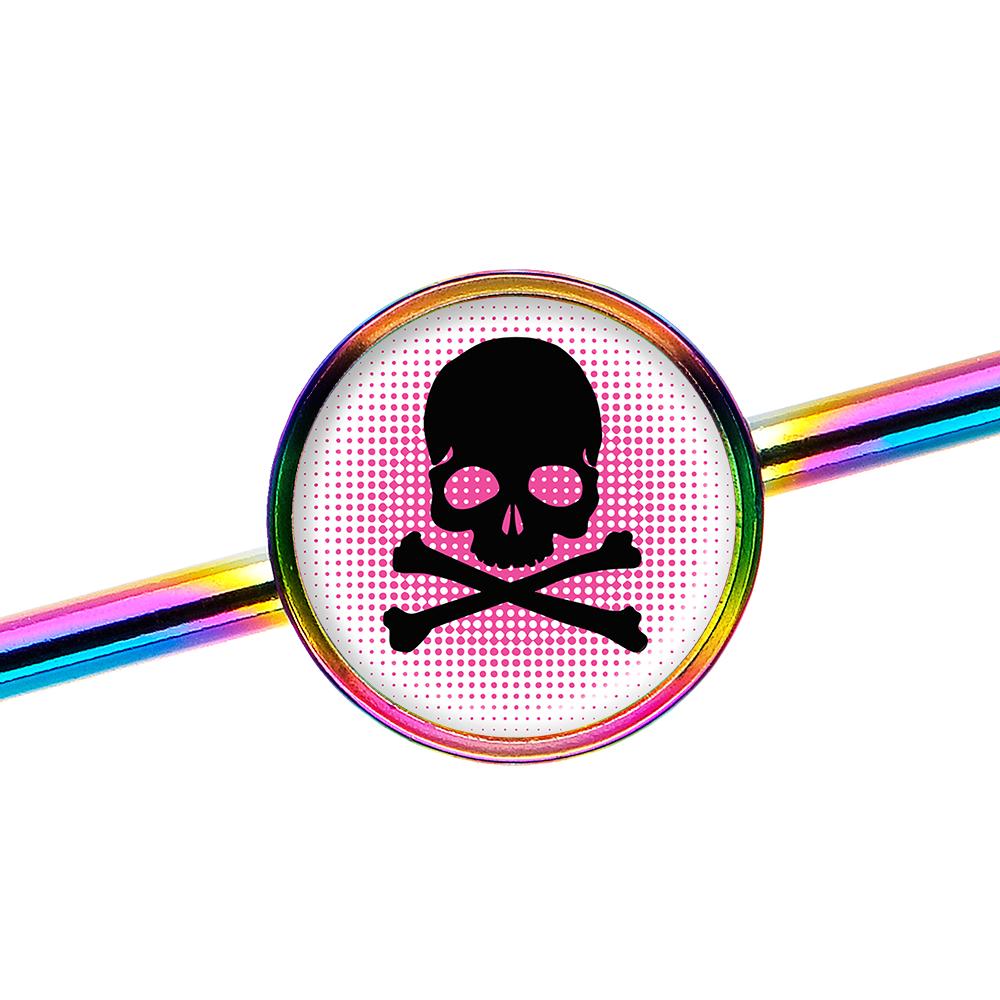 14G Pink Rainbow Skull Rainbow Industrial Barbell 37mm - Image 3