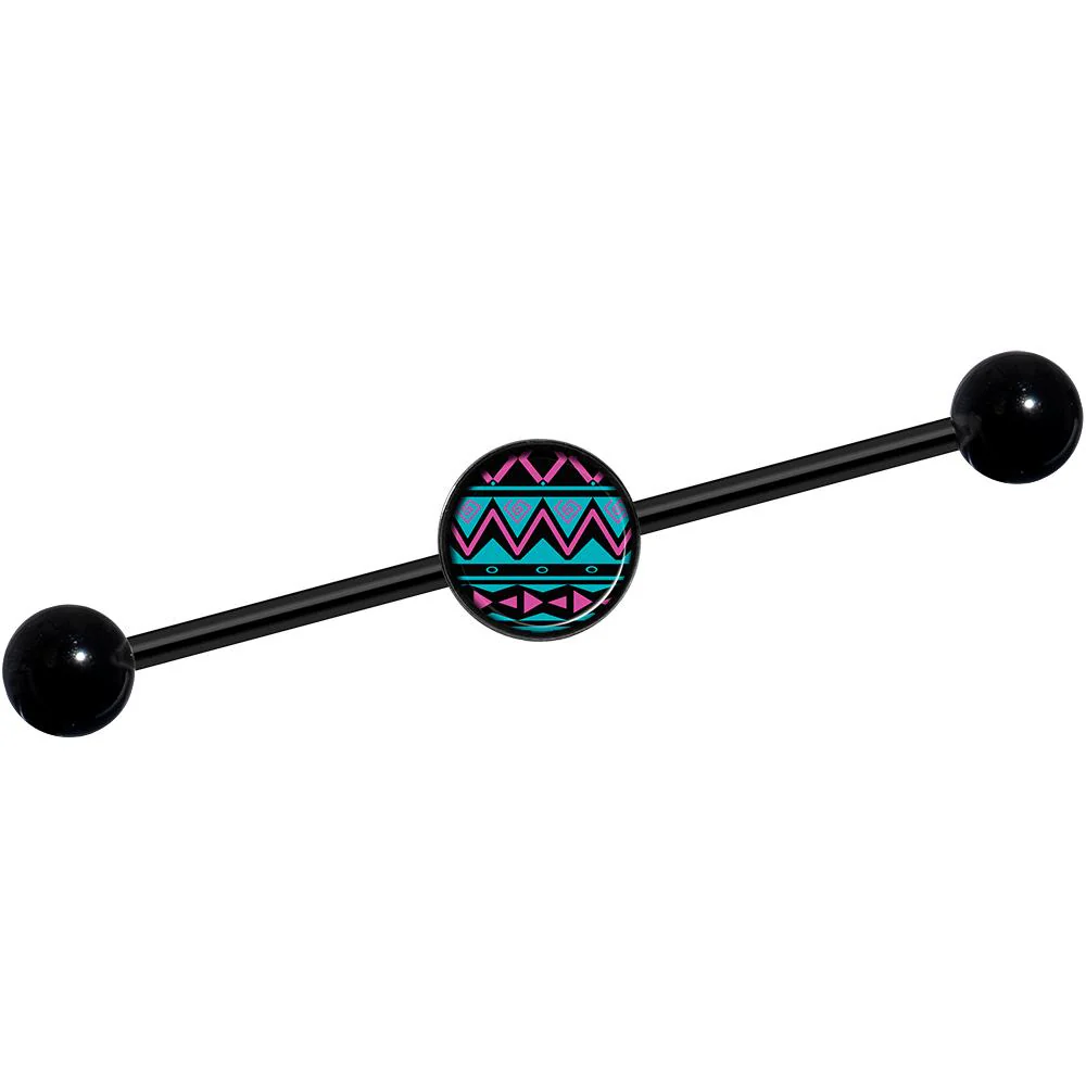 14G Pink Teal Tribal Pattern Black Industrial Barbell 37mm - Image 2