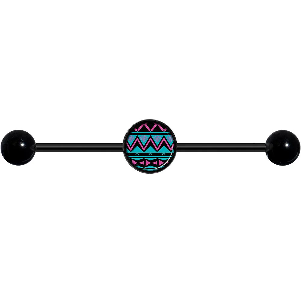 14G Pink Teal Tribal Pattern Black Industrial Barbell 37mm - Image 4
