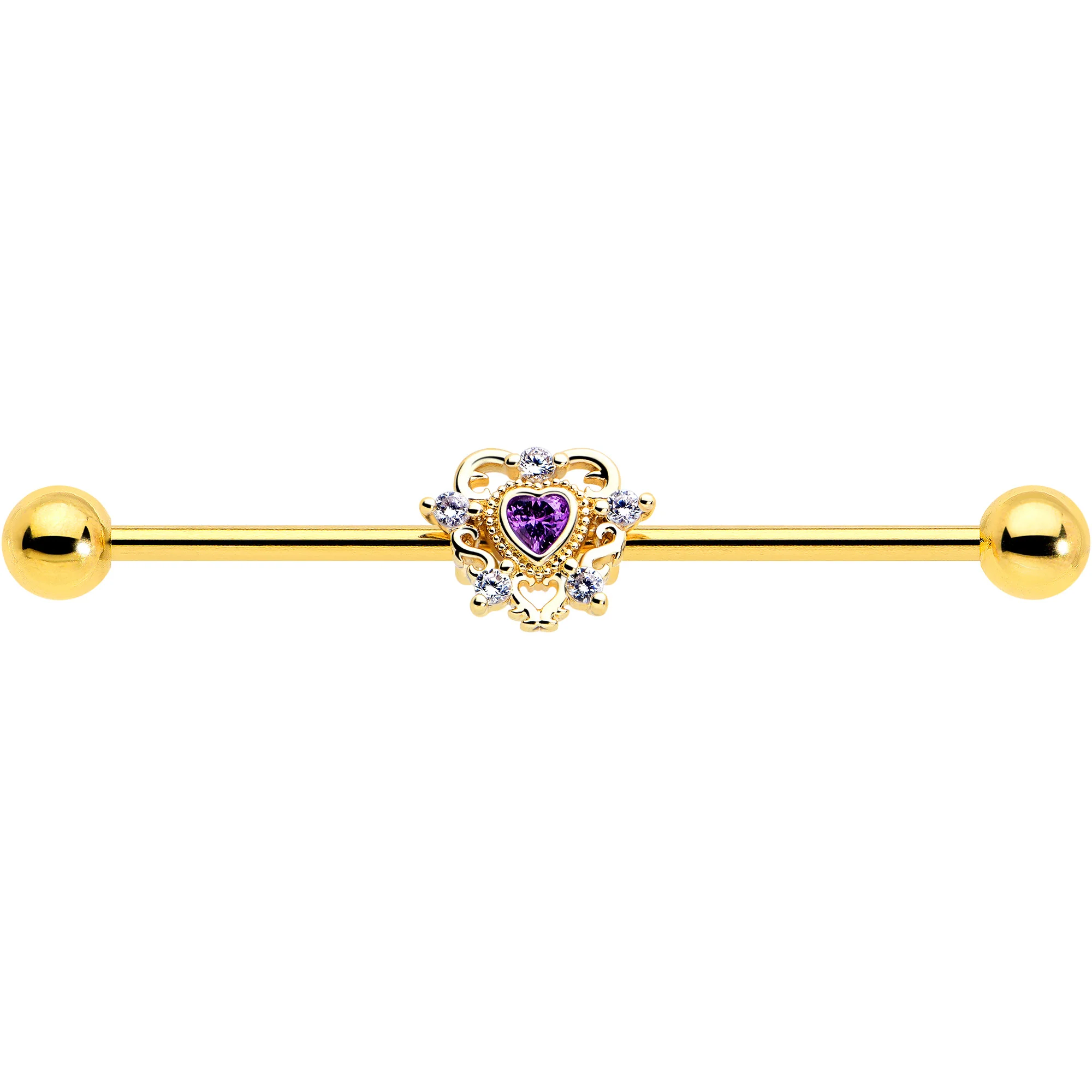 14G Purple CZ Gem Gold Tone Heart of Love Industrial Barbell 38mm - Image 3