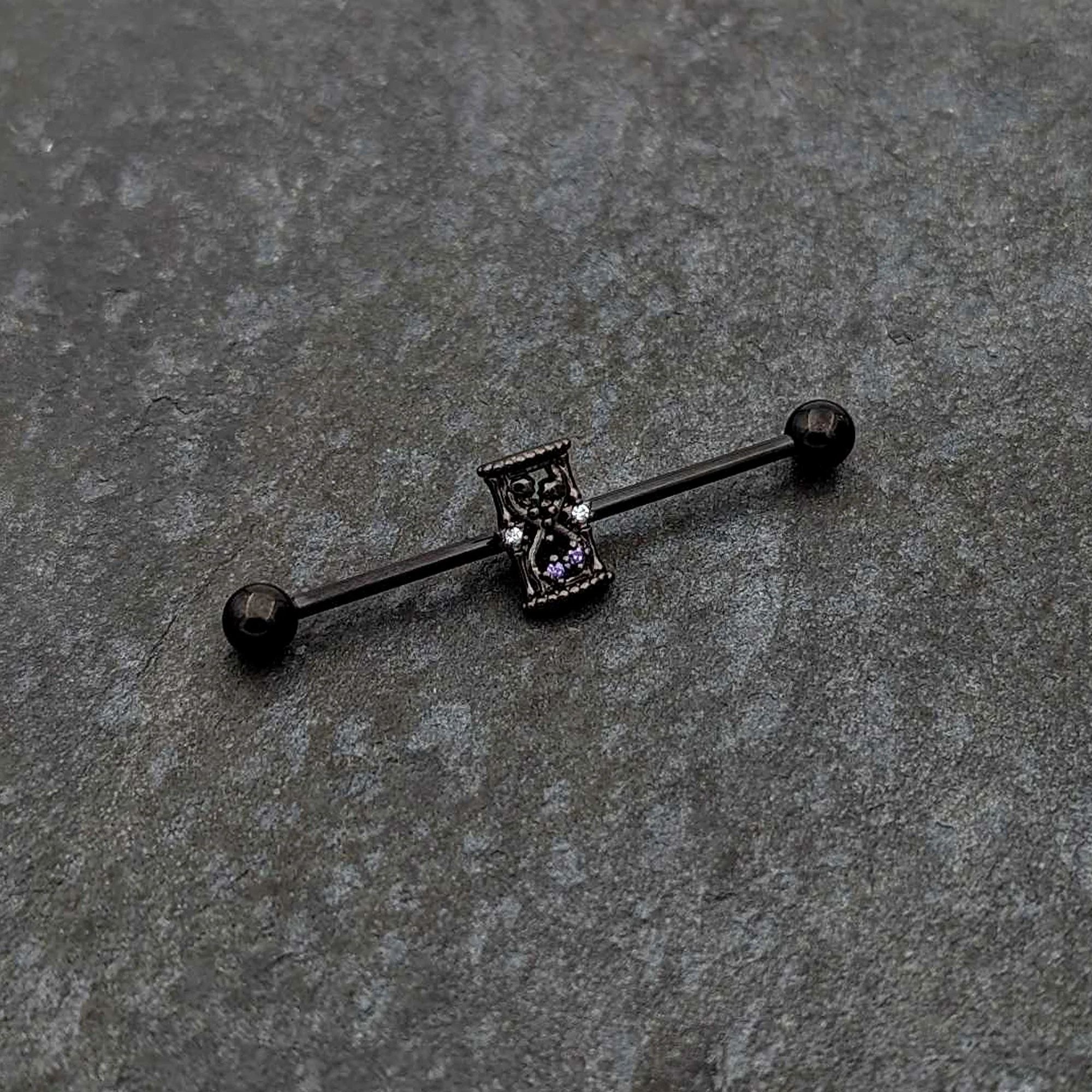 14G Purple Gem Black Gothic Hourglass Industrial Barbell 38mm - Image 4
