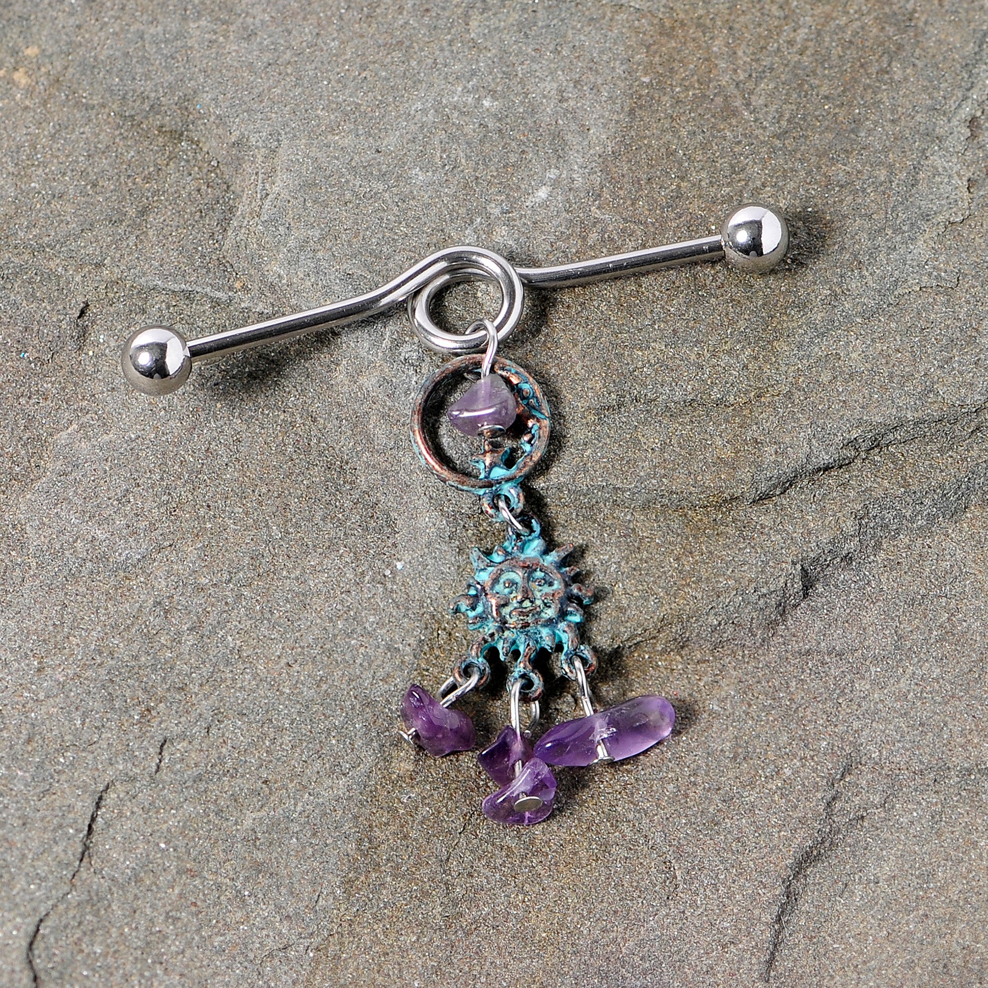 14G Purple Gem Solstice Sun Moon Dangle Halloween Industrial Barbell 38mm - Image 3