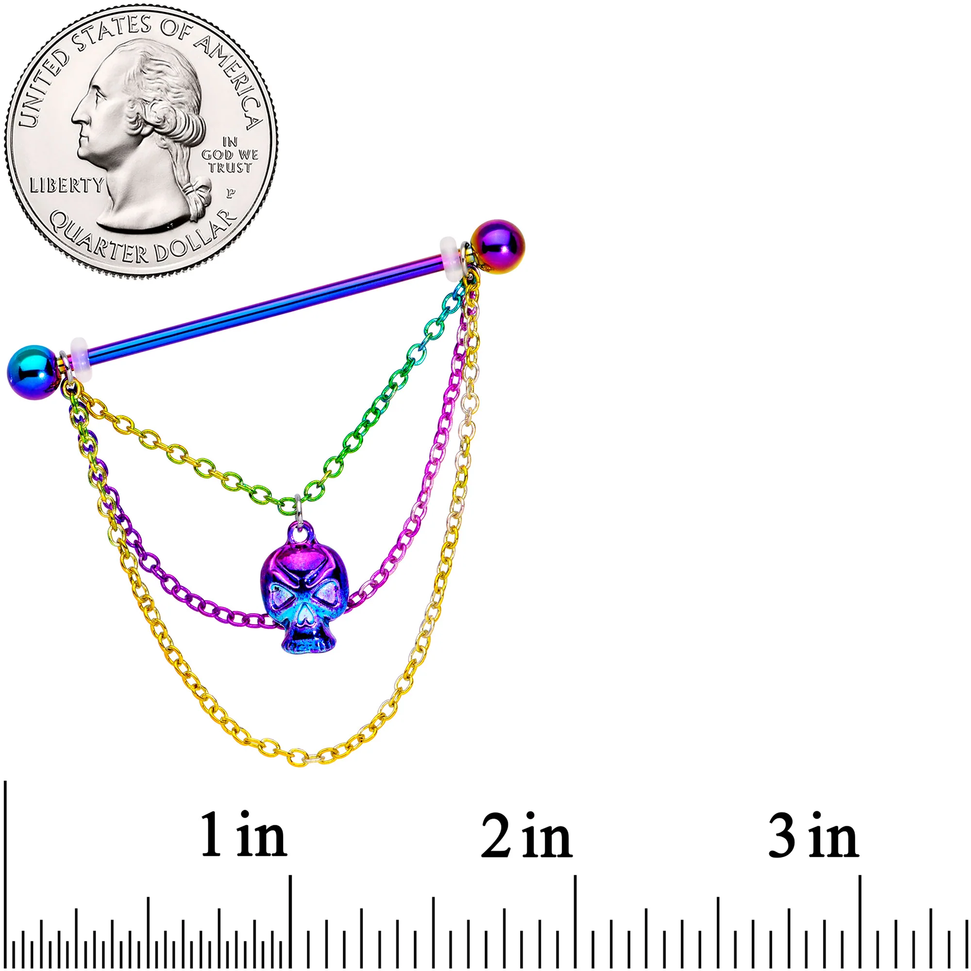 14G Rainbow Scary Skull Chain Dangle Industrial Barbell 38mm - Image 2