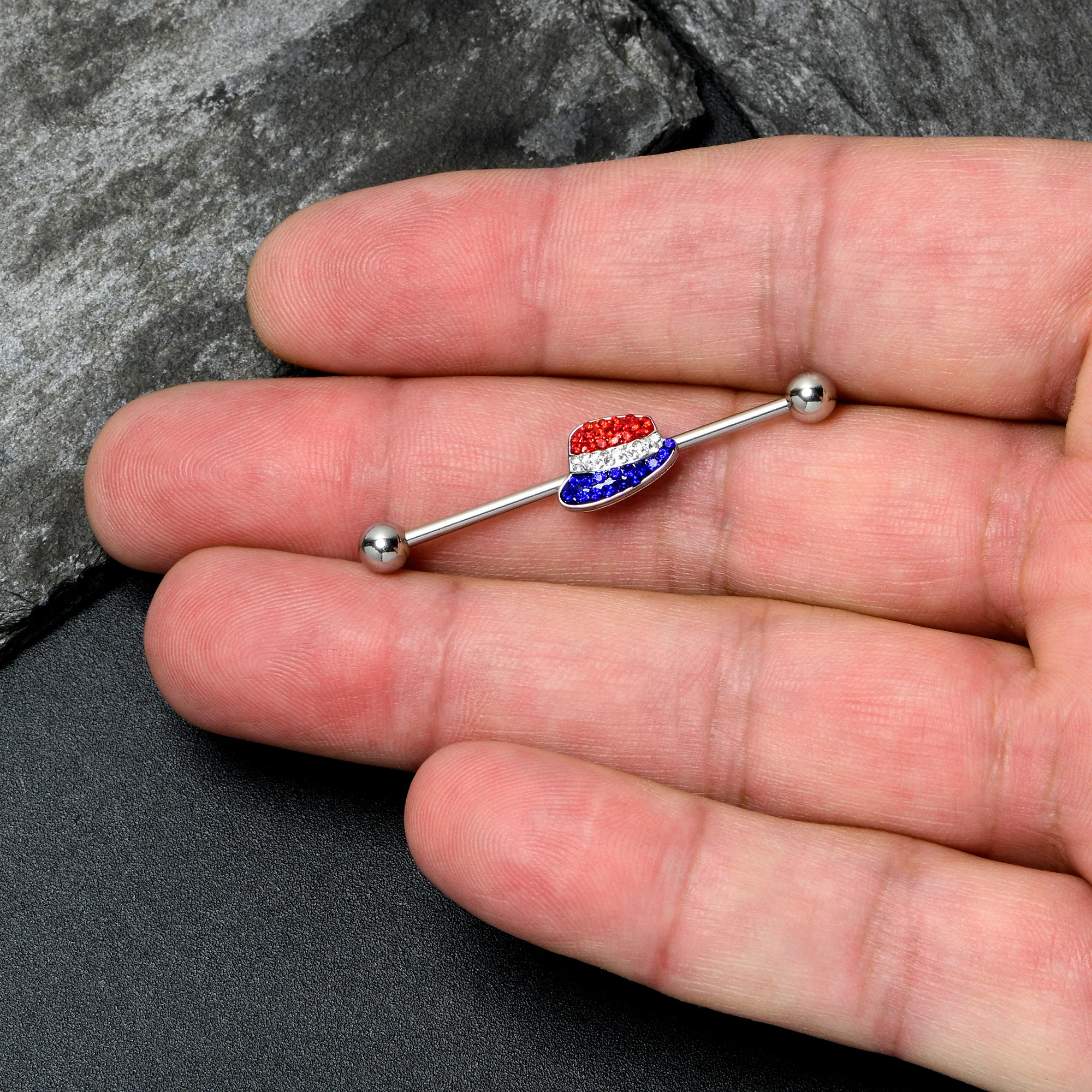 14G Red Blue Clear Gem Patriotic Hat Industrial Barbell 38mm - Image 3