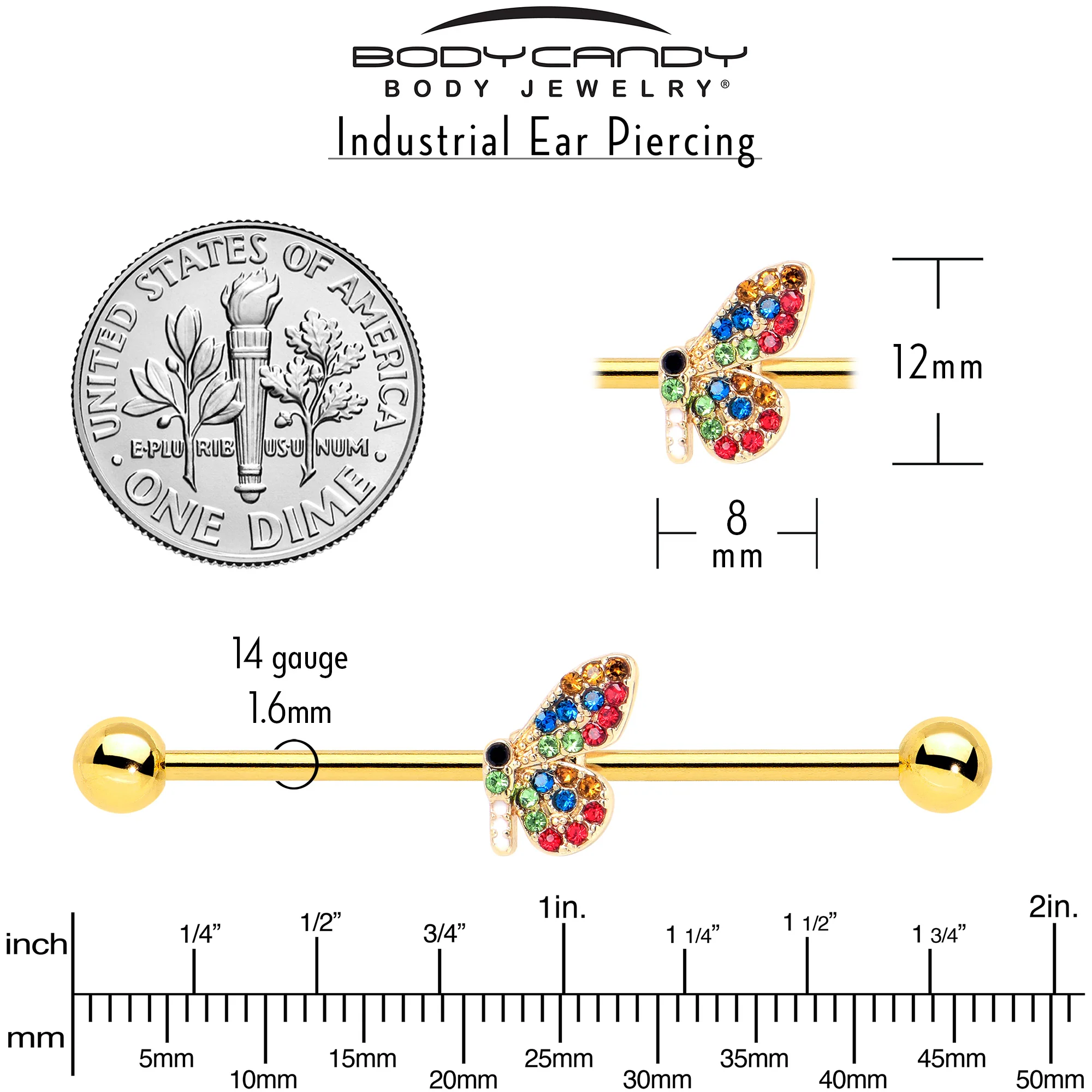 14G Red Blue Gem Gold Tone Butterfly Industrial Barbell 38mm - Image 6