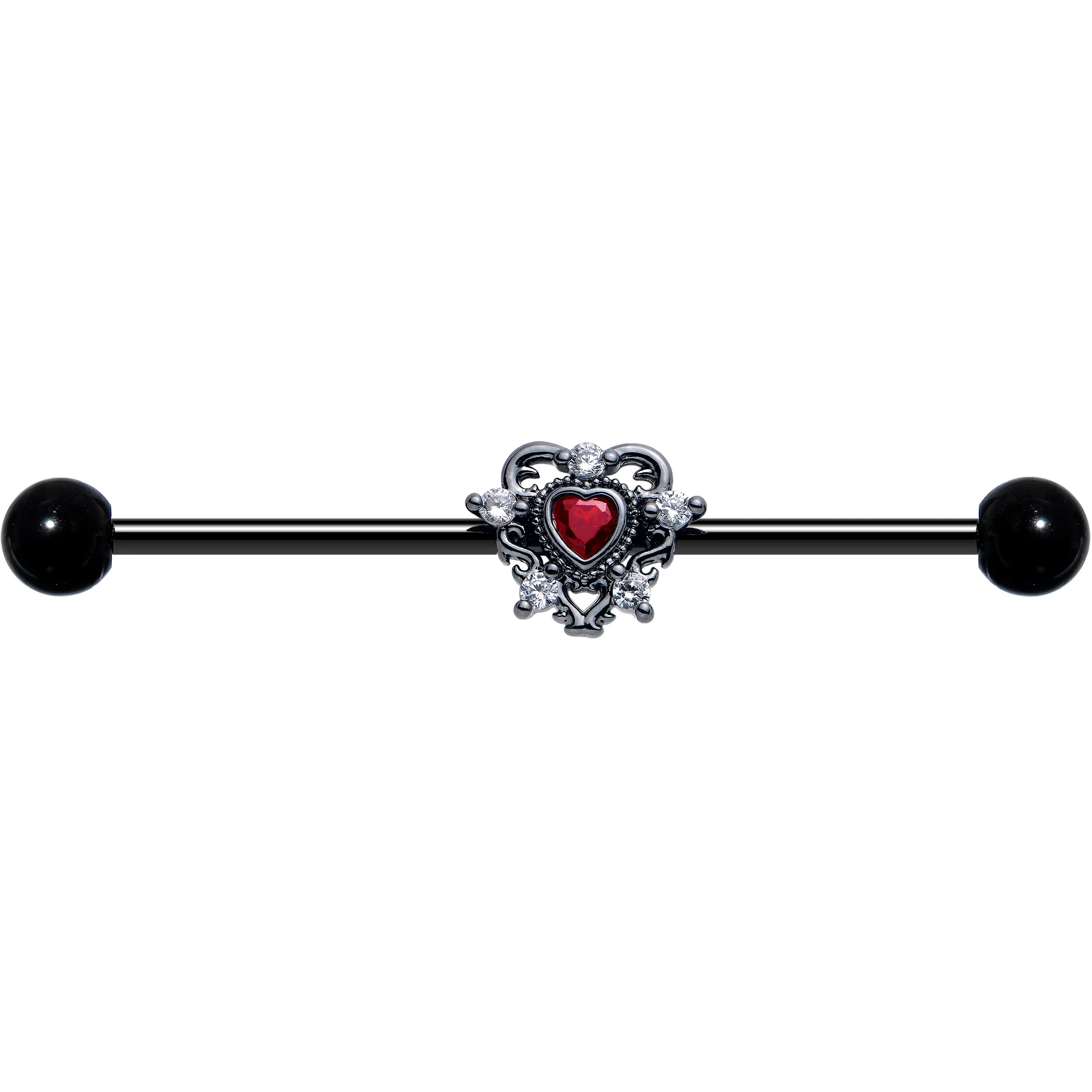 14G Red CZ Gem Black Double Heart Industrial Barbell 38mm - Image 2