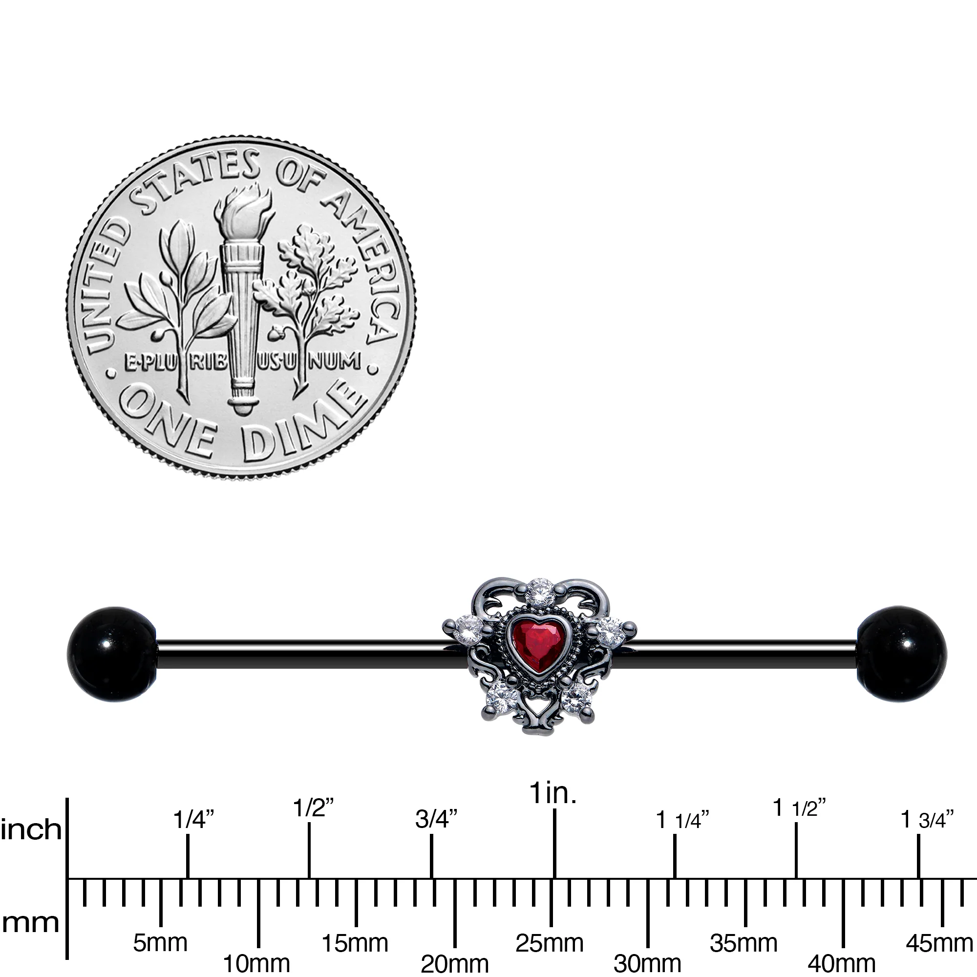 14G Red CZ Gem Black Double Heart Industrial Barbell 38mm - Image 4