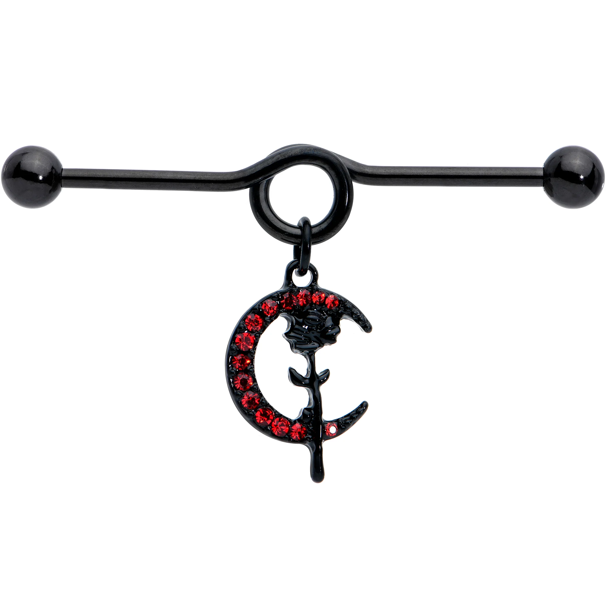 14G Red CZ Gem Black Moon Rose Flower Dangle Project Bar 38mm - Image 8