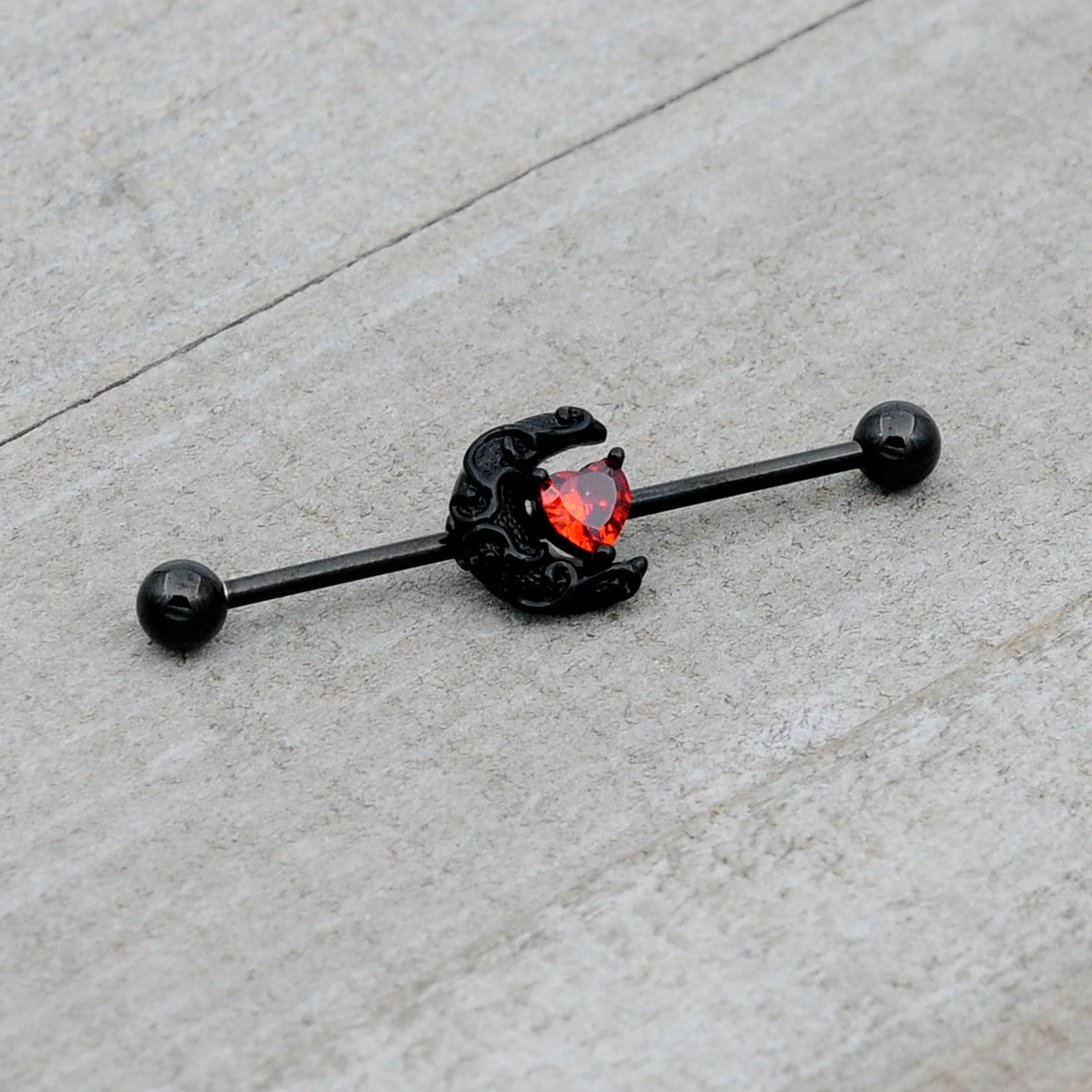 14G Red CZ Gem Black Scroll Moon Heart Industrial Barbell 38mm - Image 6