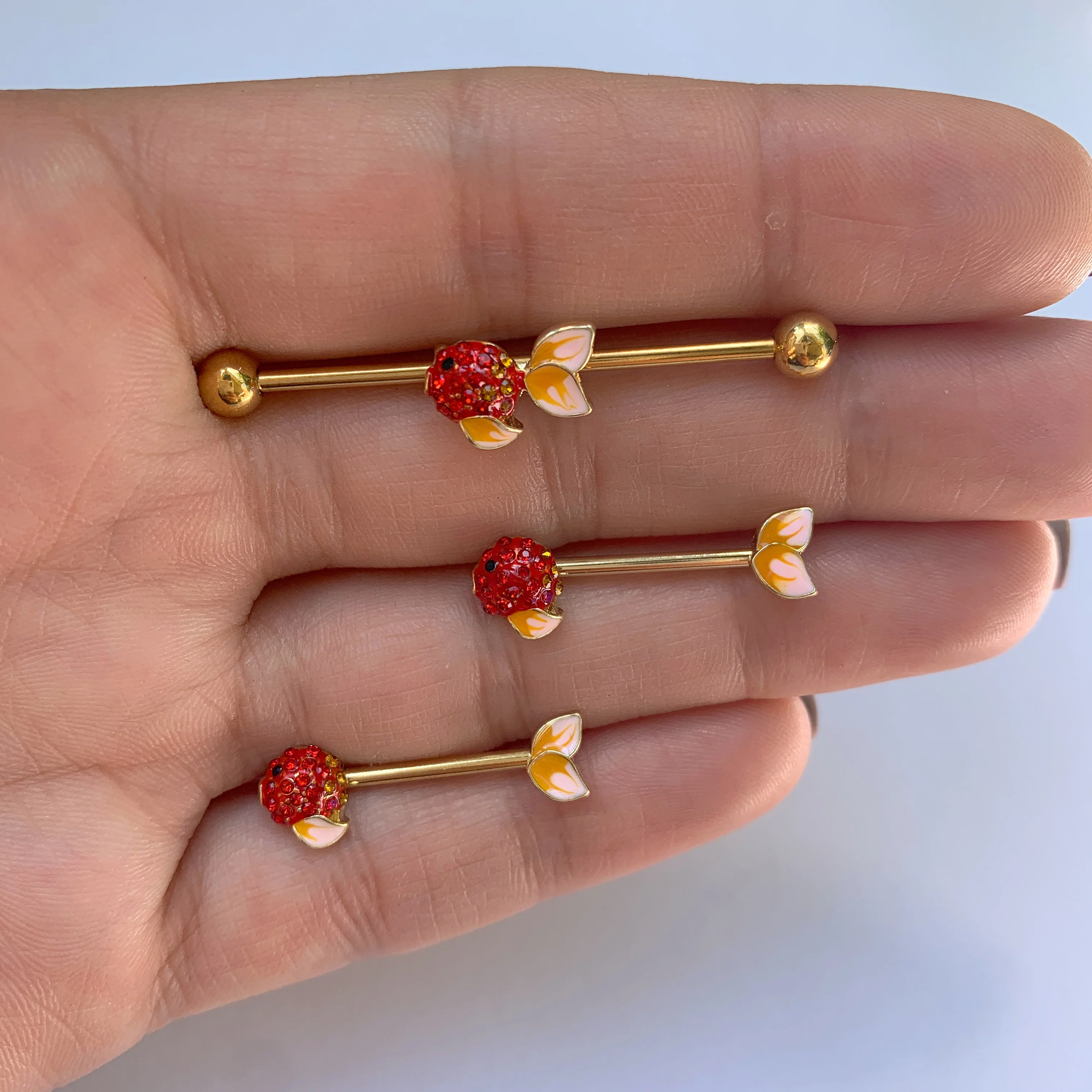 14G Red Gem Gold Tone Blowfish Industrial Barbell 38mm - Image 2