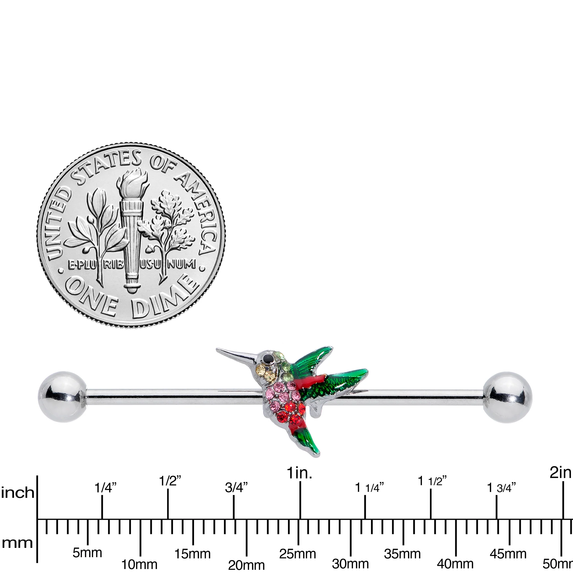 14G Red Pink Gem Green Hummingbird Industrial Barbell 38mm - Image 3