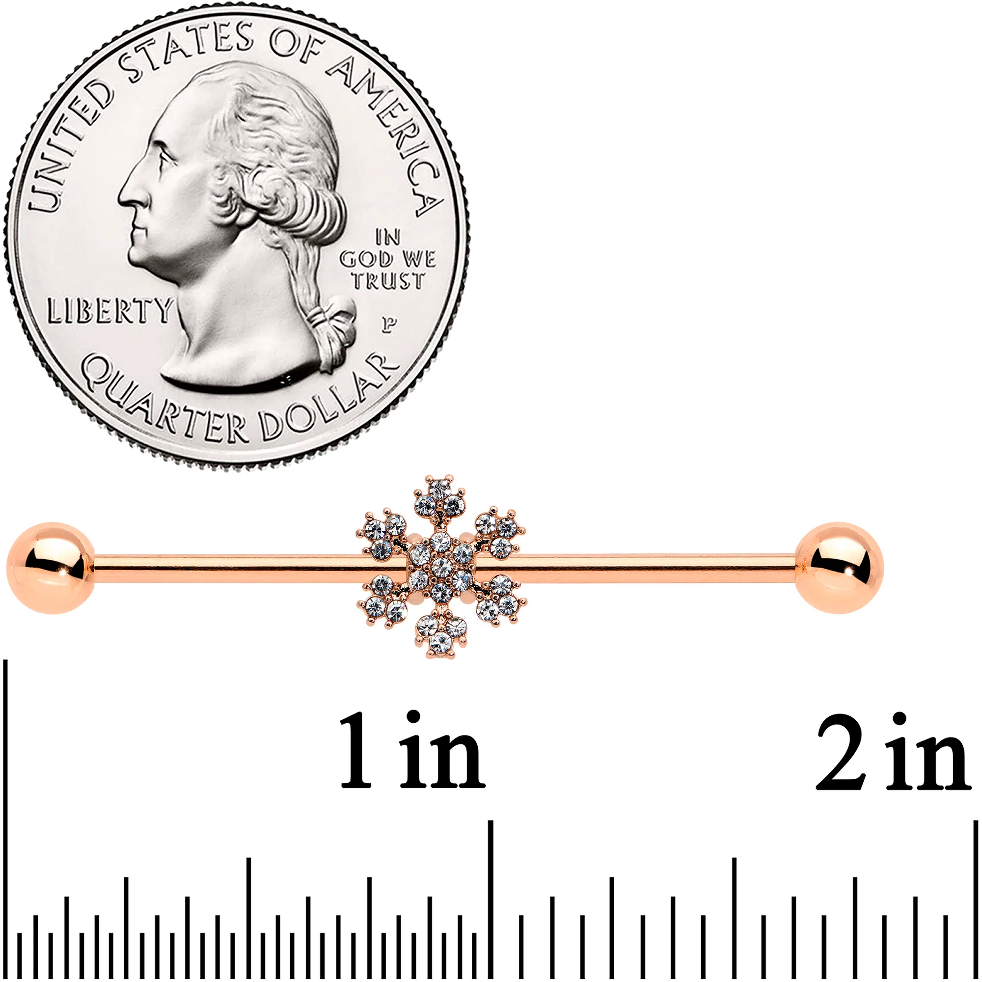 14G Rose Gold Hue Snowflake Christmas Industrial Barbell 38mm - Image 2