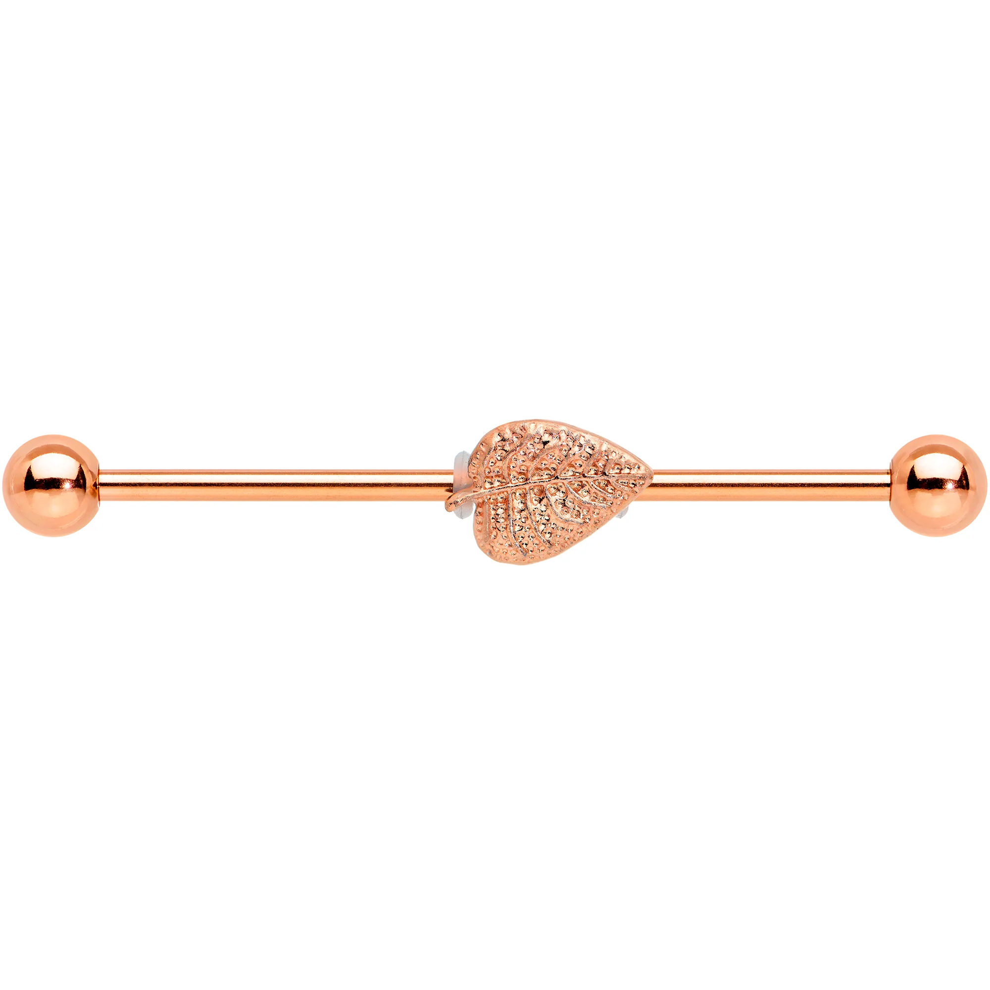14G Rose Gold Tone Autumn Textured Leaf Industrial Barbell 38mm - Image 2