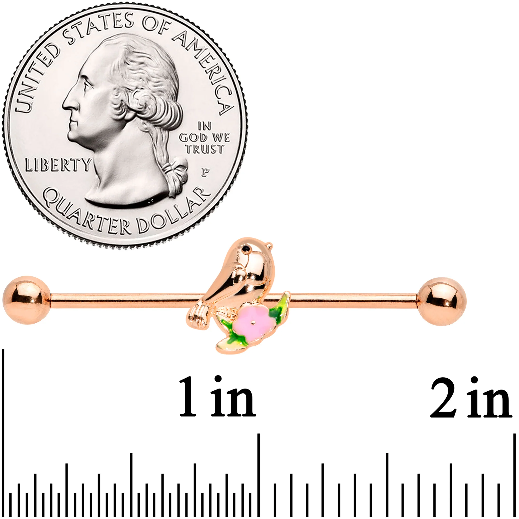 14G Rose Gold Tone Bird Pink Flower Industrial Barbell 38mm - Image 2