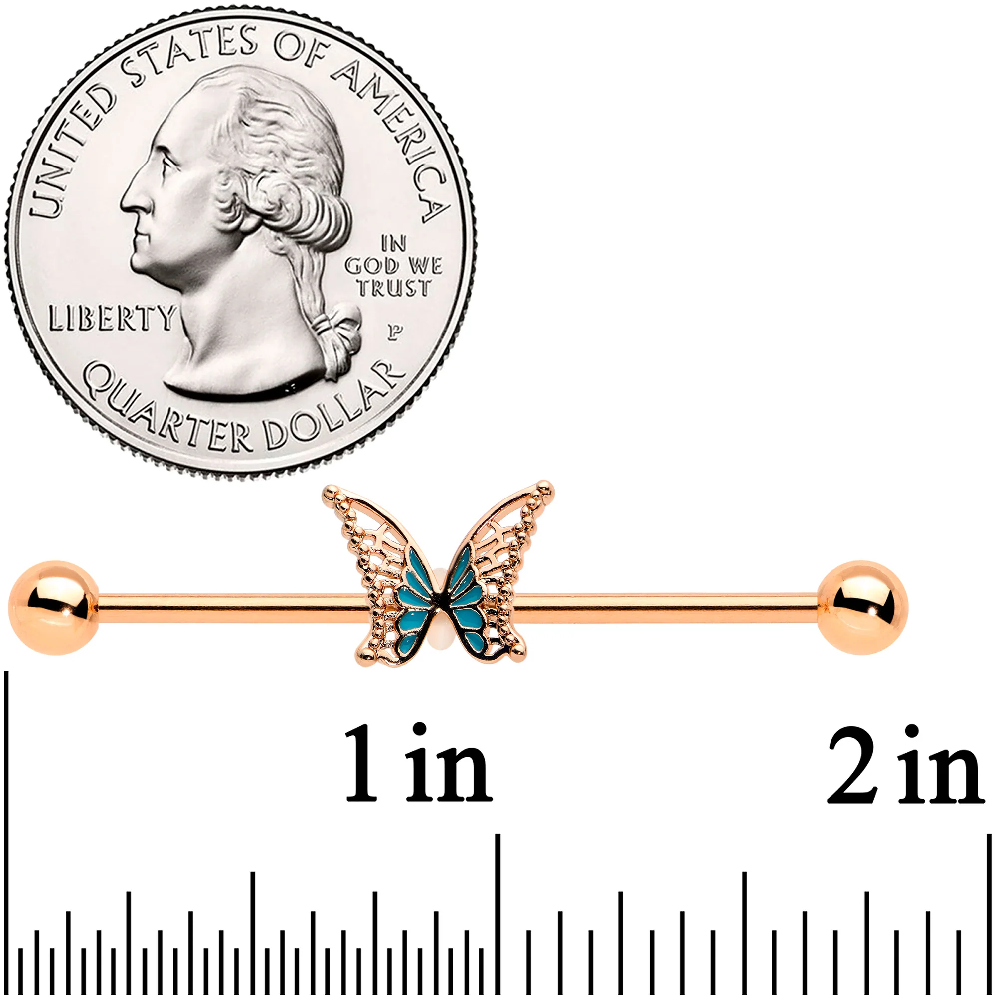 14G Rose Gold Tone Bit of Blue Butterfly Industrial Barbell 38mm - Image 2