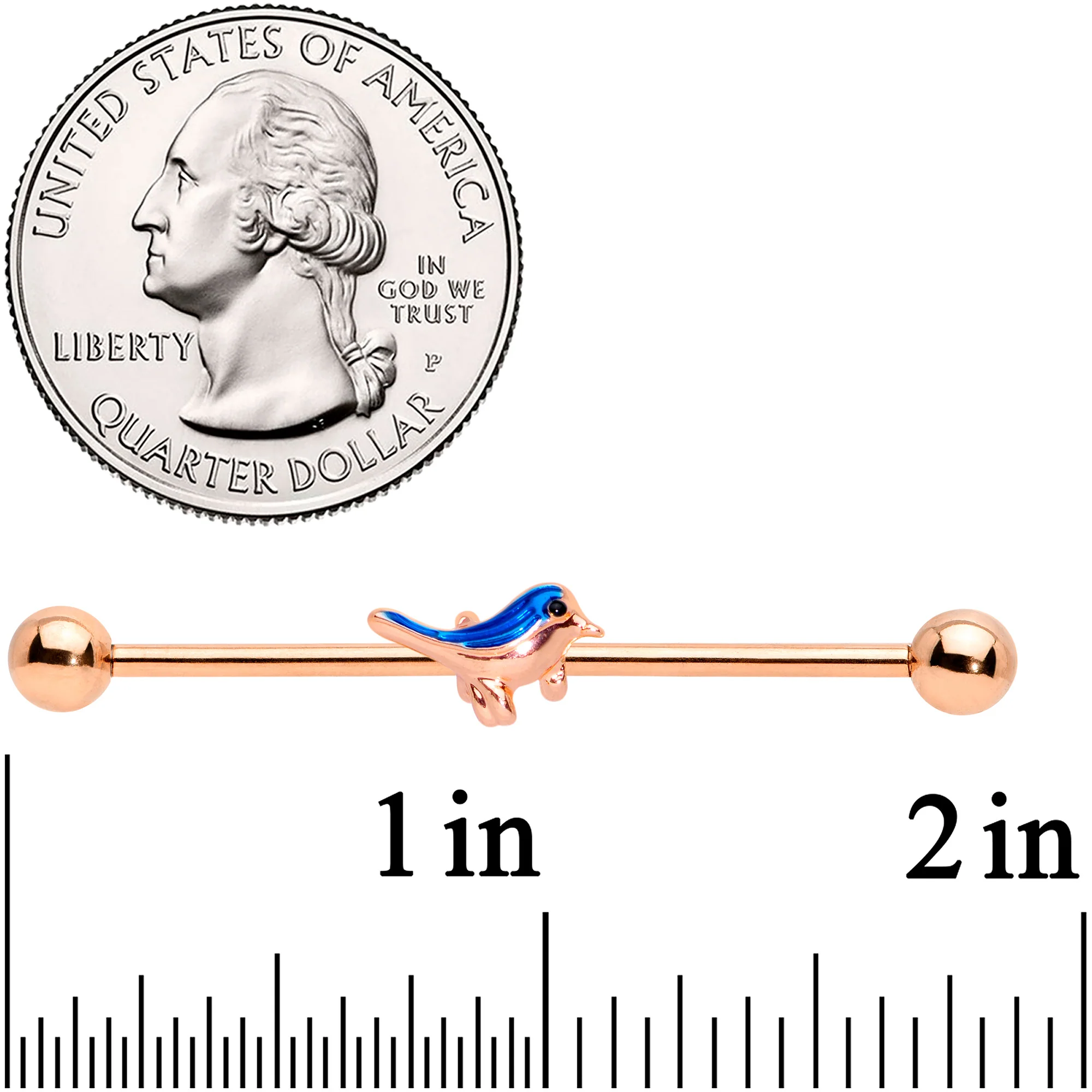 14G Rose Gold Tone Blue Bird Industrial Barbell 38mm - Image 2