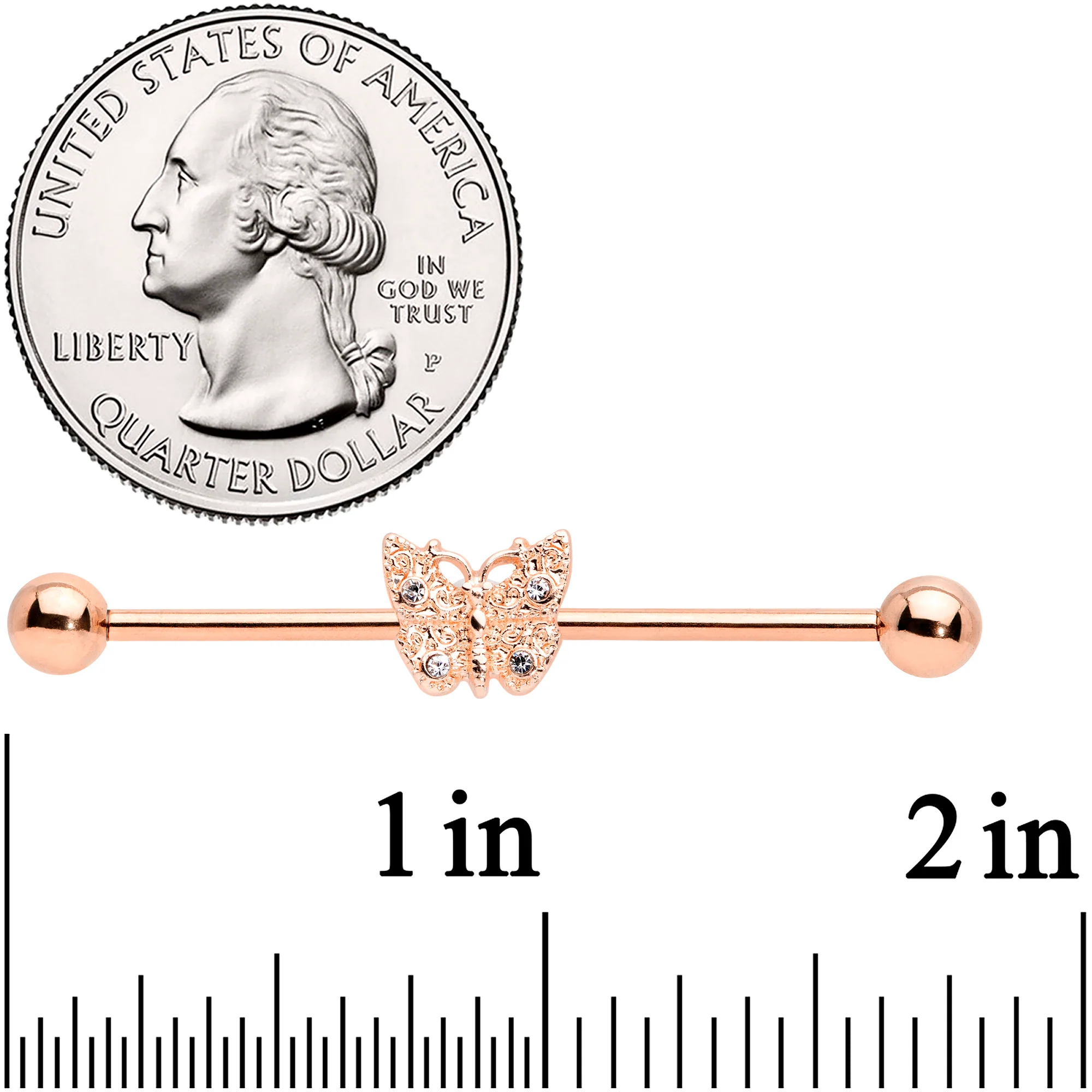 14G Clear Gem Rose Gold Tone Butterfly Industrial Barbell 38mm - Image 2