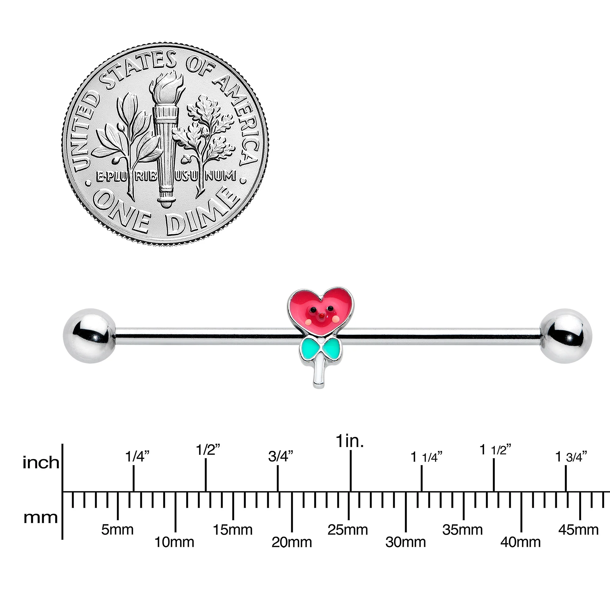 14G Sweet Happy Heart Lollipop Industrial Barbell 38mm - Image 3