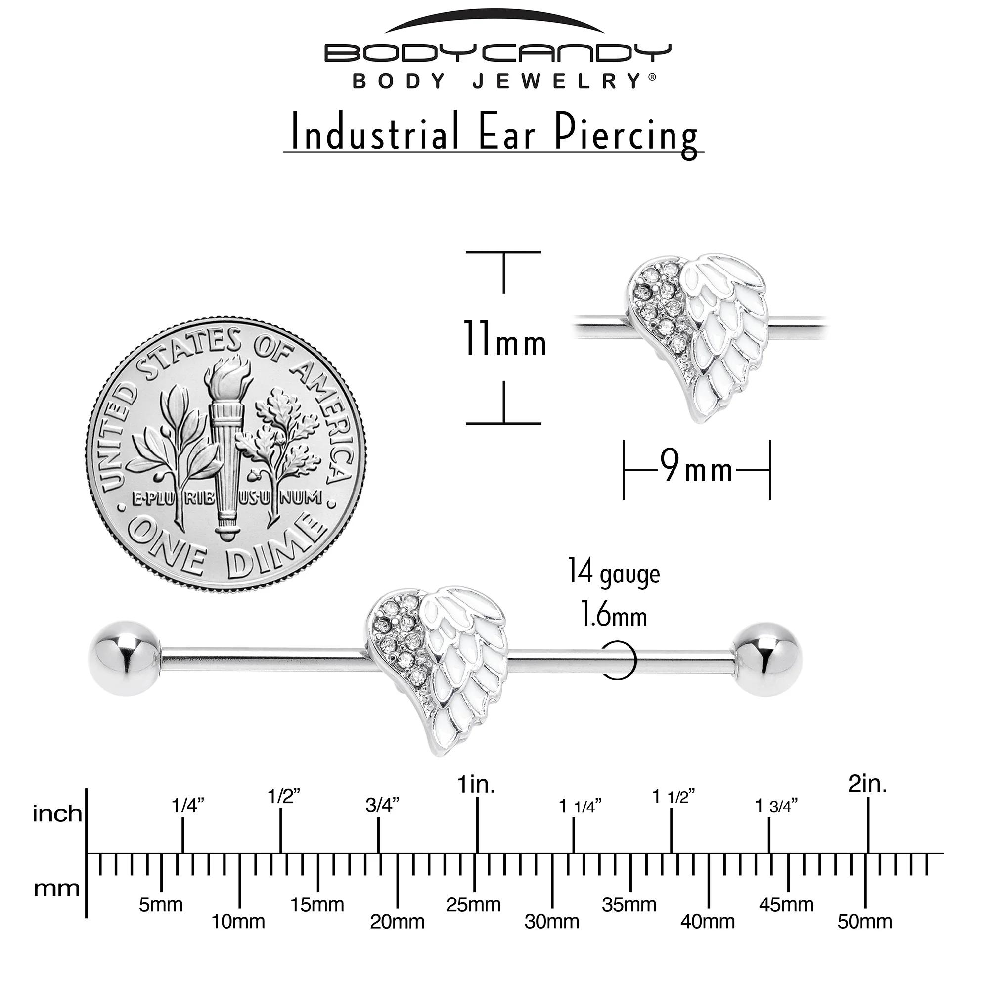 14G White Heavenly Heart Angel Wings Industrial Barbell 38mm - Image 4
