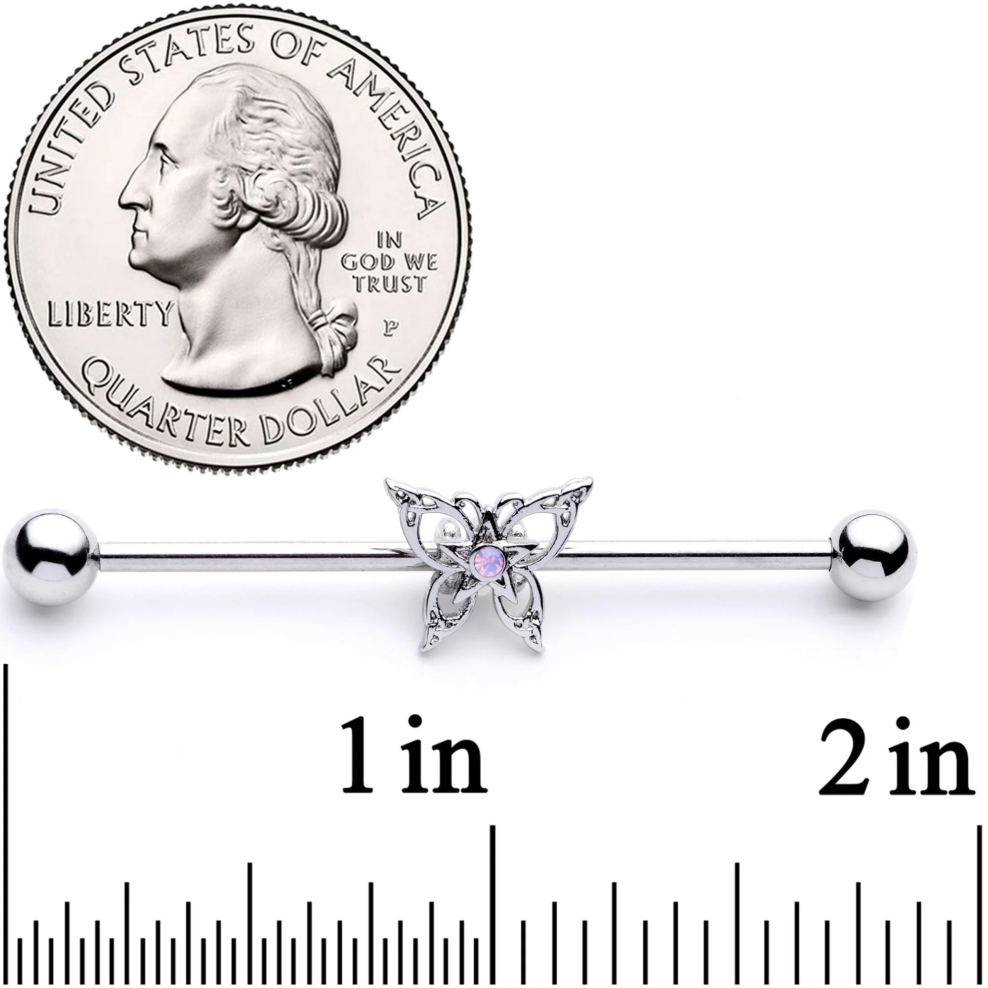 14G White Synthetic Opal Butterfly Industrial Barbell 38mm - Image 2