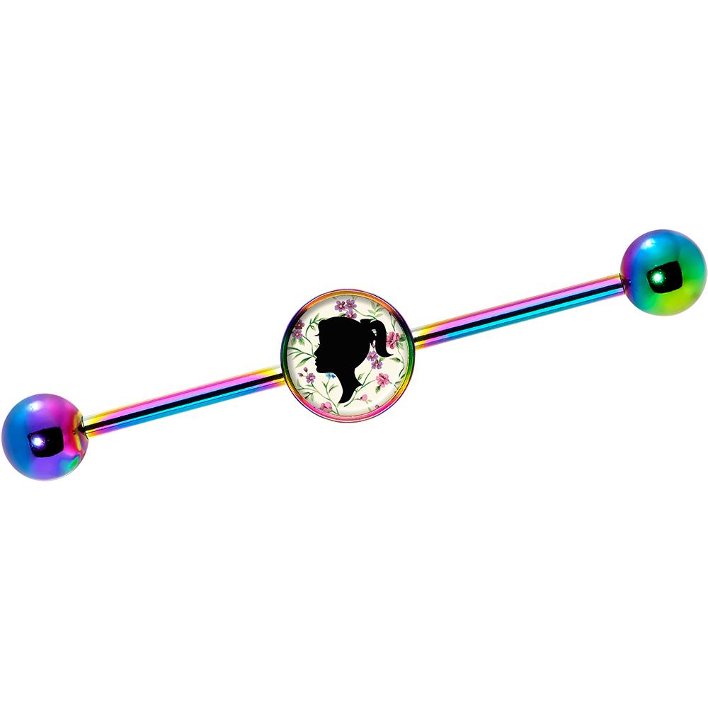 14G Woman Floral Silhouette Rainbow Industrial Barbell 37mm - Image 2