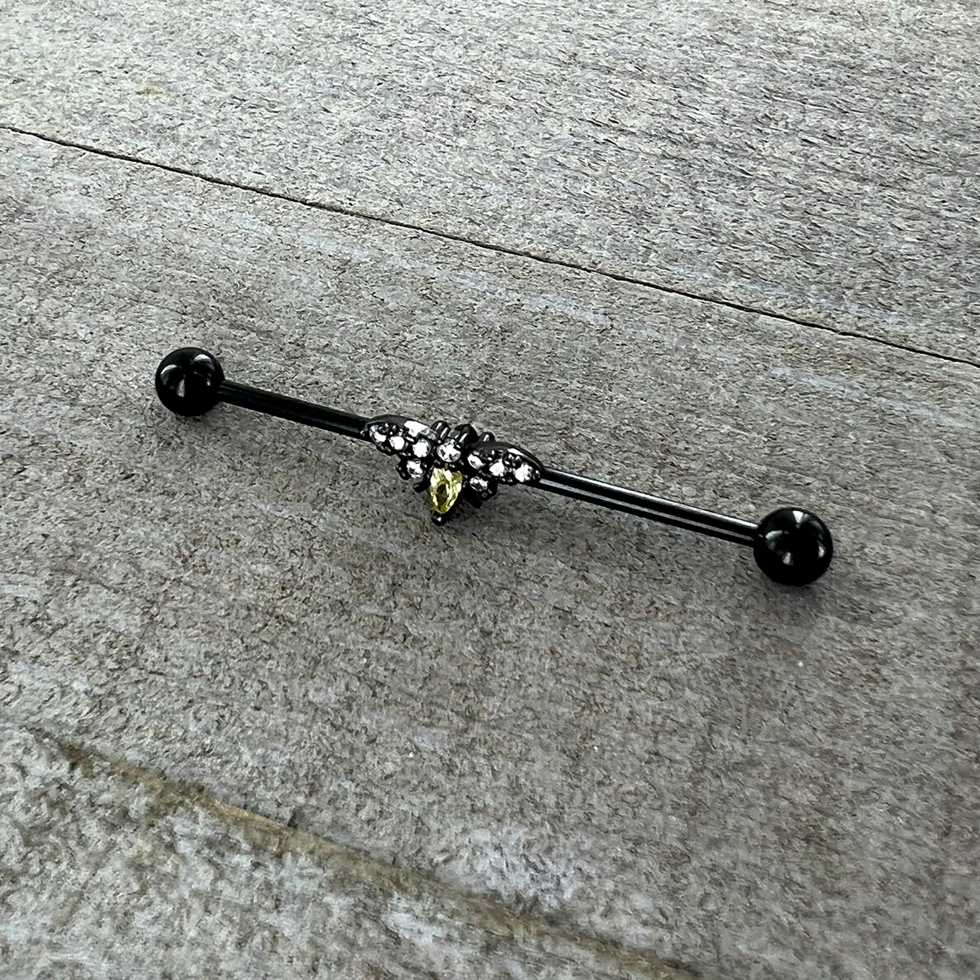 14G Yellow Clear Gem Black Butterfly Industrial Barbell 38mm - Image 6