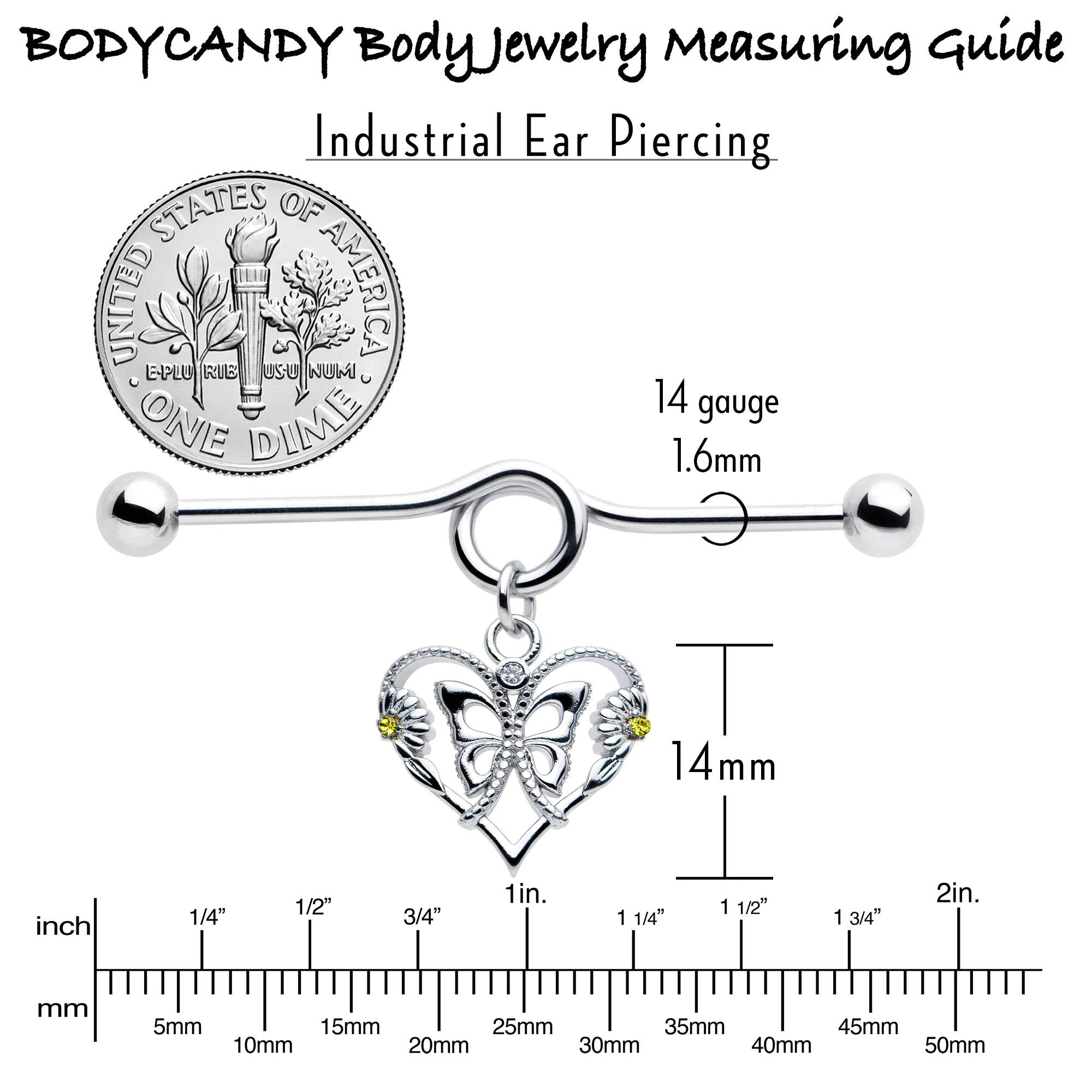 14G Yellow CZ Gem Heart Flower Butterfly Project Bar 38mm - Image 4