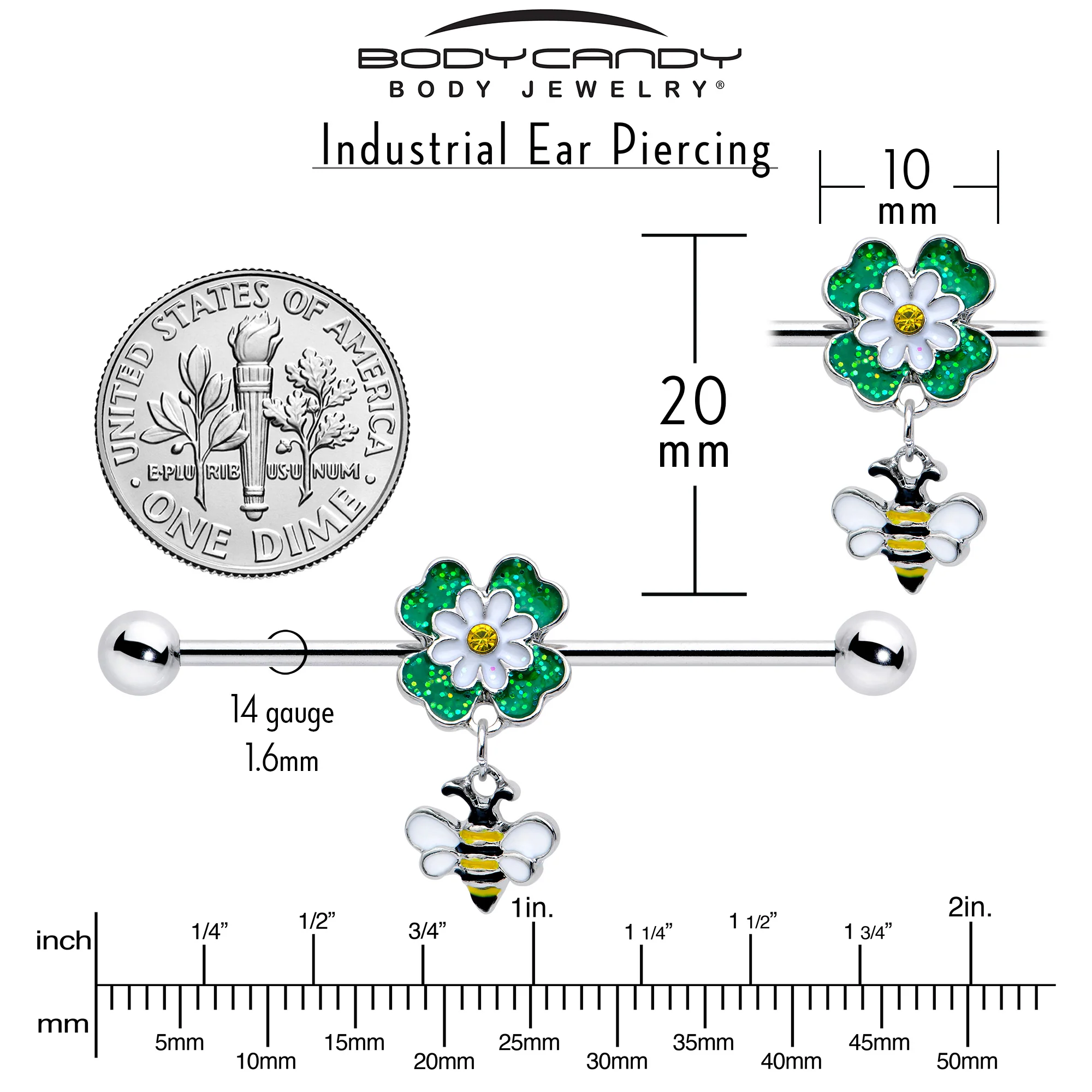 14G Yellow Gem Daisy Bee Glittery Dangle Industrial Barbell 38mm - Image 4