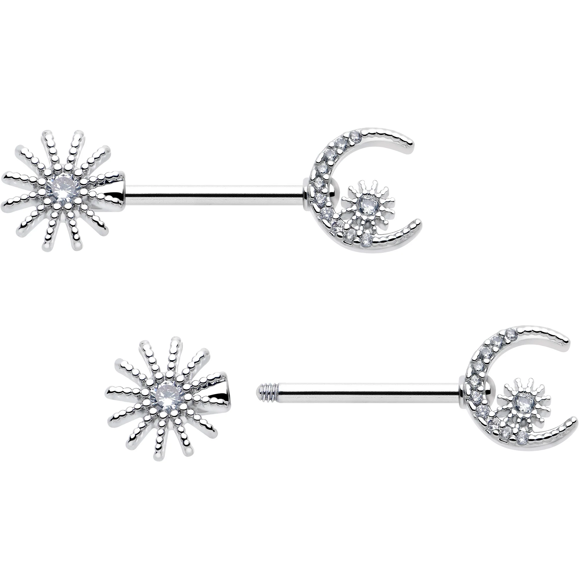 14G 9/16 Clear CZ Gem Day And Night Barbell Nipple Ring Set - Image 2