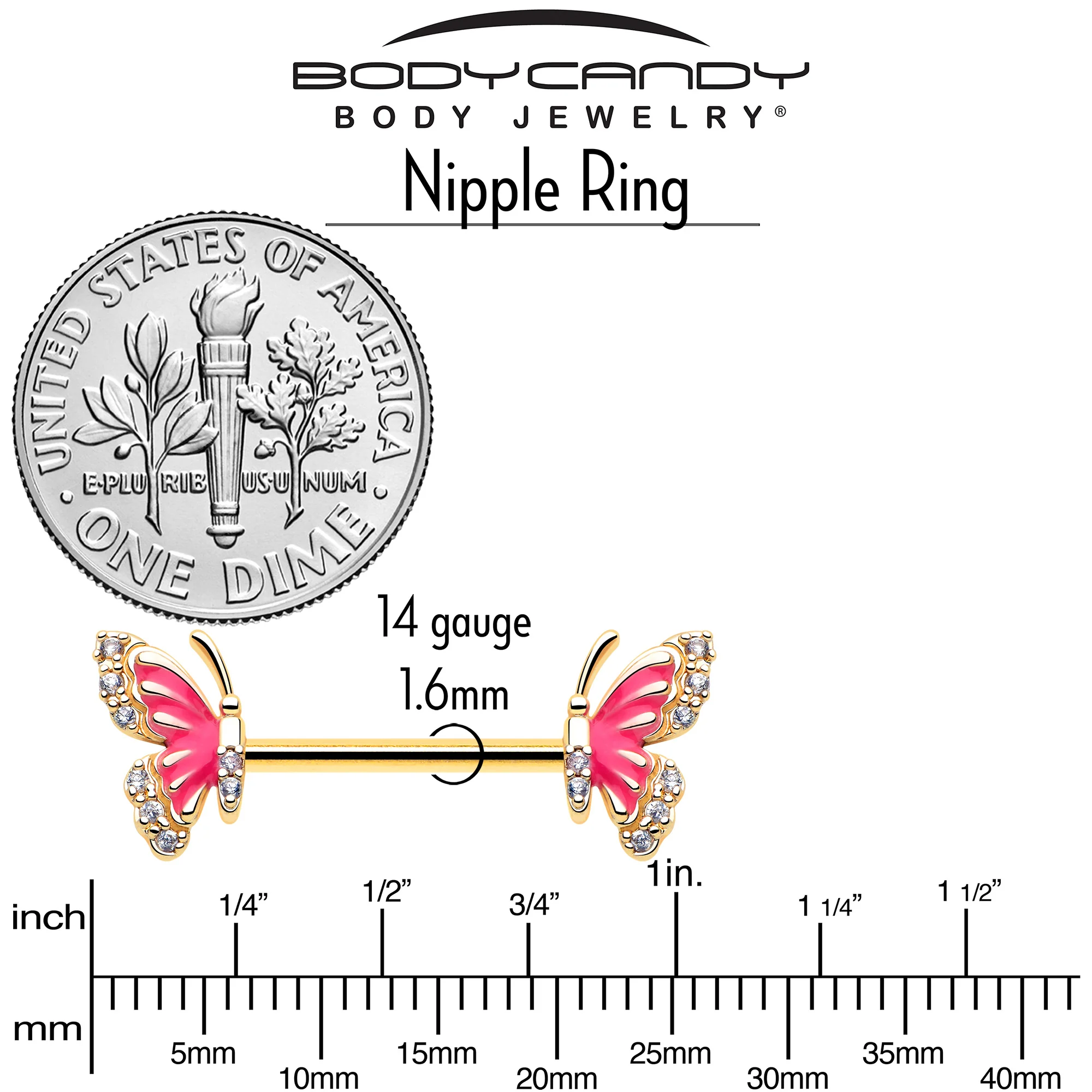 14G 9/16 Clear CZ Gem Gold Tone Butterfly Pink Splash Barbell Nipple Ring Set - Image 5