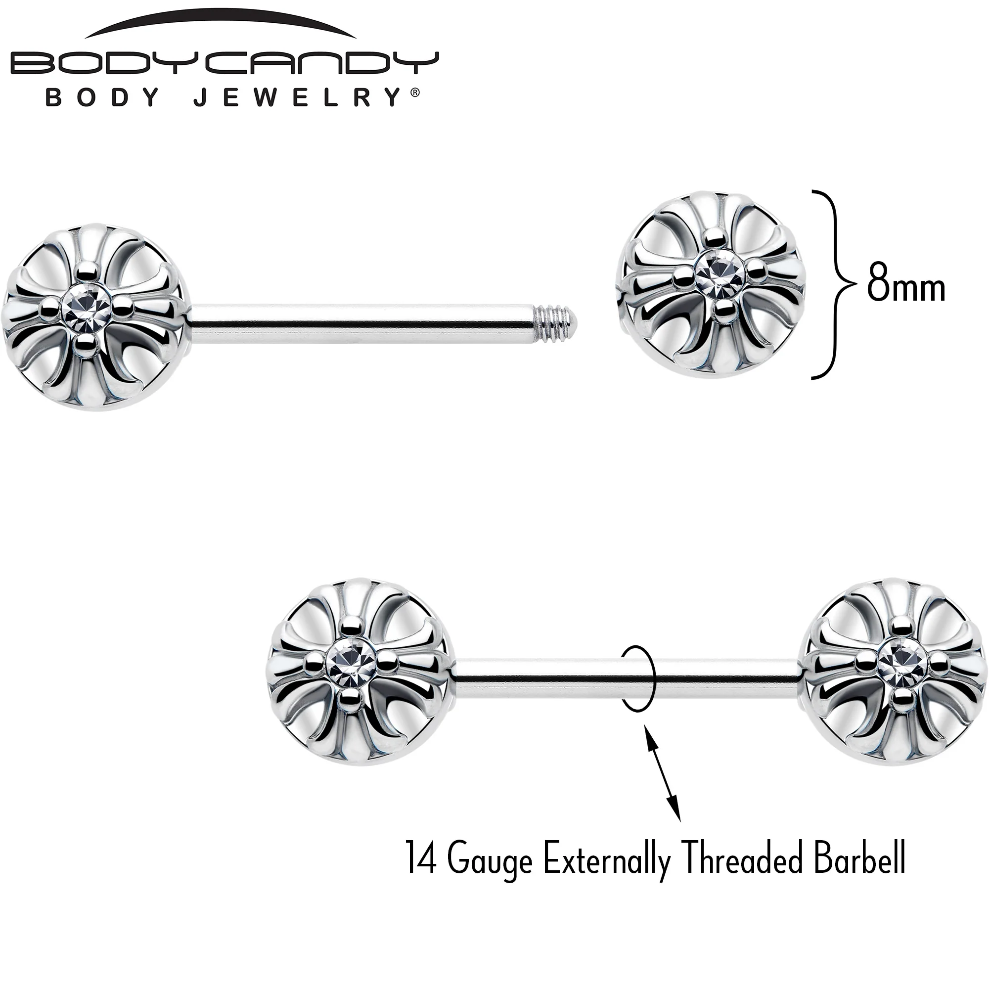 14G 9/16 Clear CZ Gem Simple Flower Barbell Nipple Ring Set - Image 4