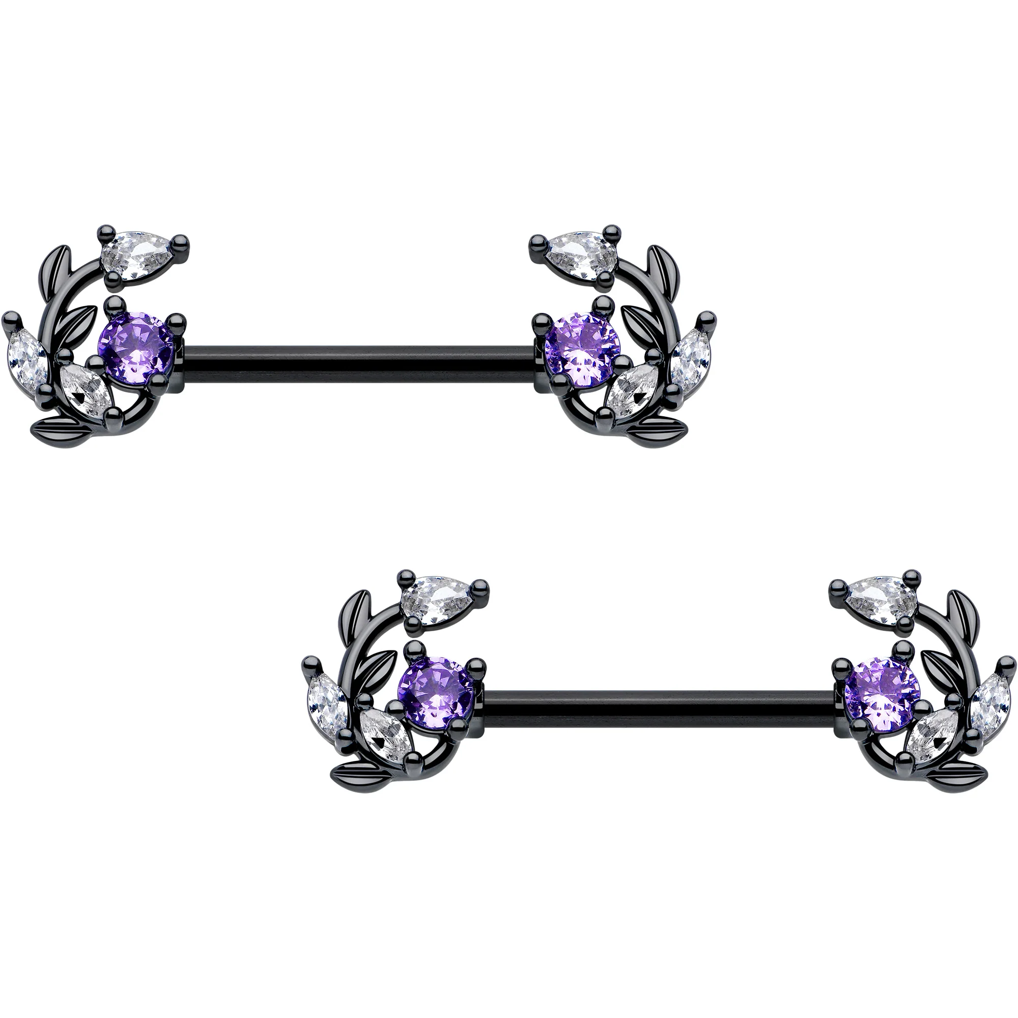 14G 9/16 Clear Purple Gem Black Twining Vine Barbell Nipple Ring Set