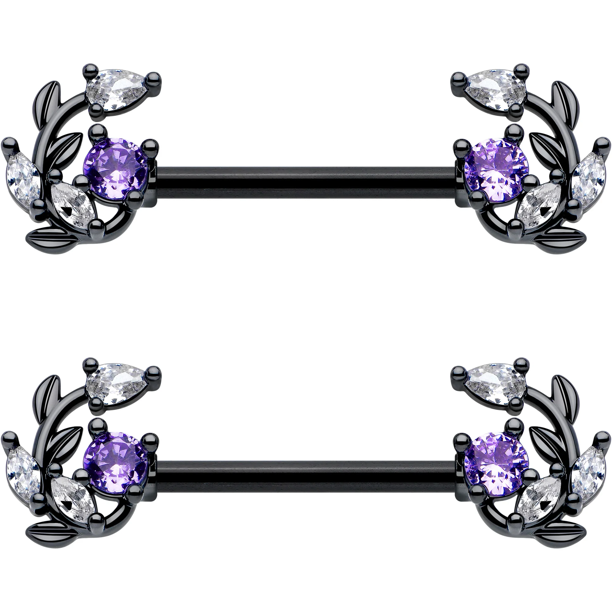14G 9/16 Clear Purple Gem Black Twining Vine Barbell Nipple Ring Set - Image 3
